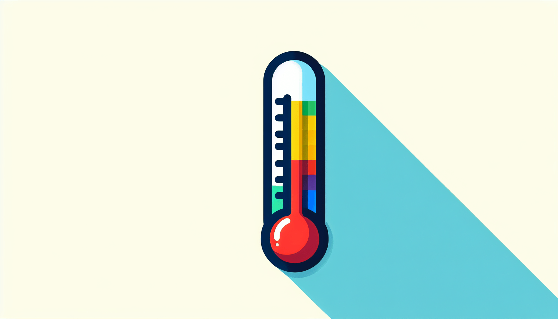 Thermometer in flat illustration style and white background, red #f47574, green #88c7a8, yellow #fcc44b, and blue #645bc8 colors.