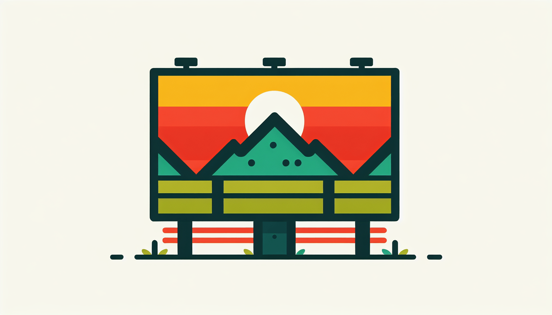 Billboard in flat illustration style and white background, red #f47574, green #88c7a8, yellow #fcc44b, and blue #645bc8 colors.