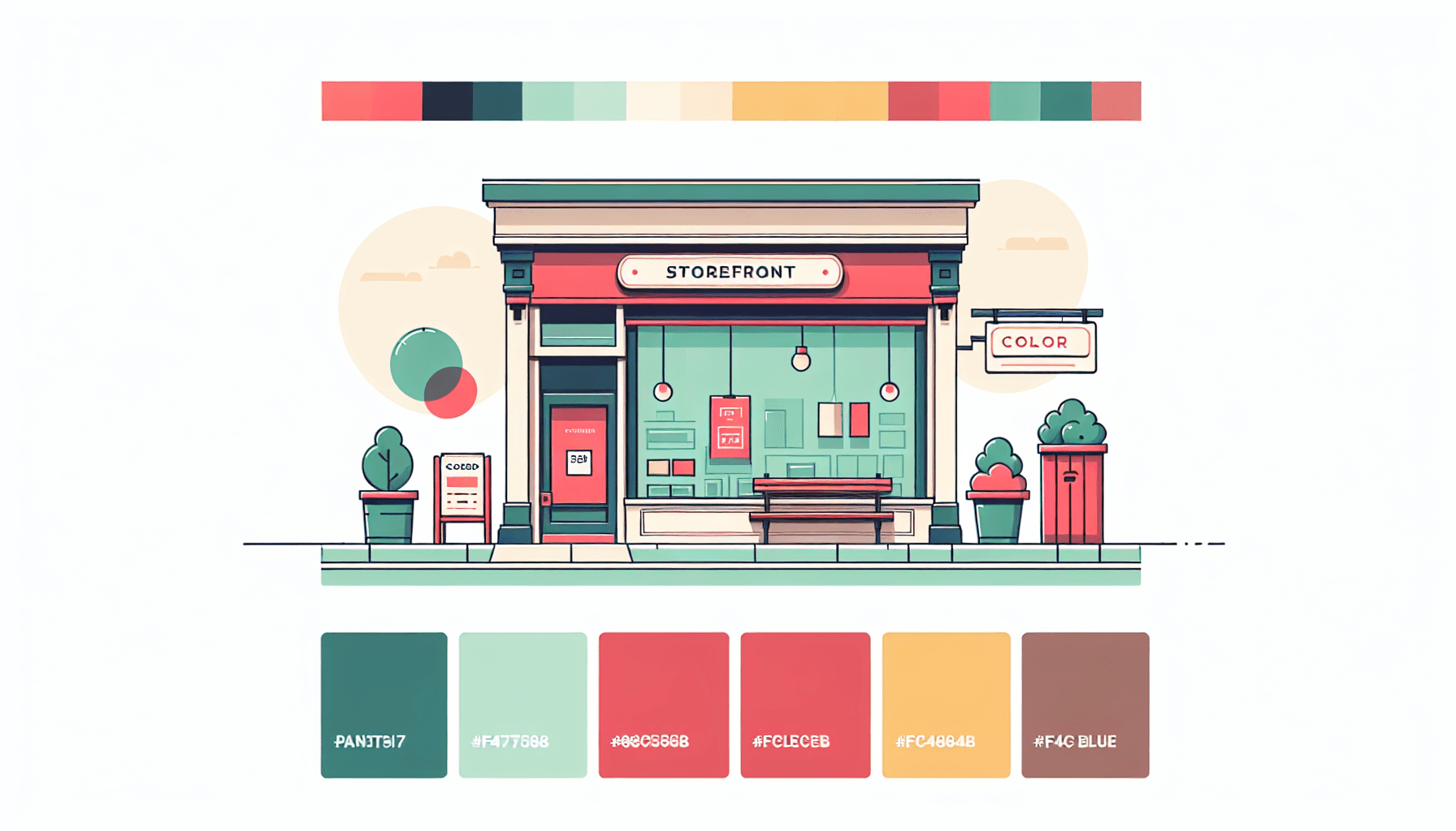 Storefront in flat illustration style and white background, red #f47574, green #88c7a8, yellow #fcc44b, and blue #645bc8 colors.