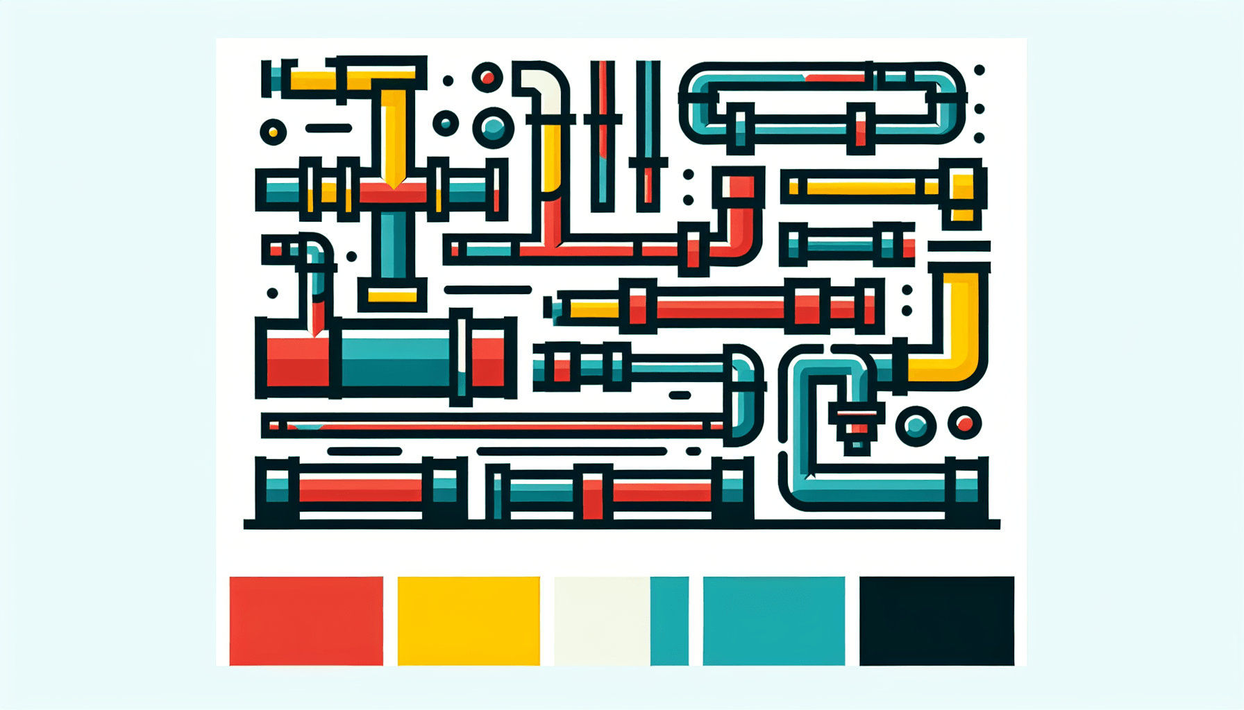 Pipes in flat illustration style and white background, red #f47574, green #88c7a8, yellow #fcc44b, and blue #645bc8 colors.