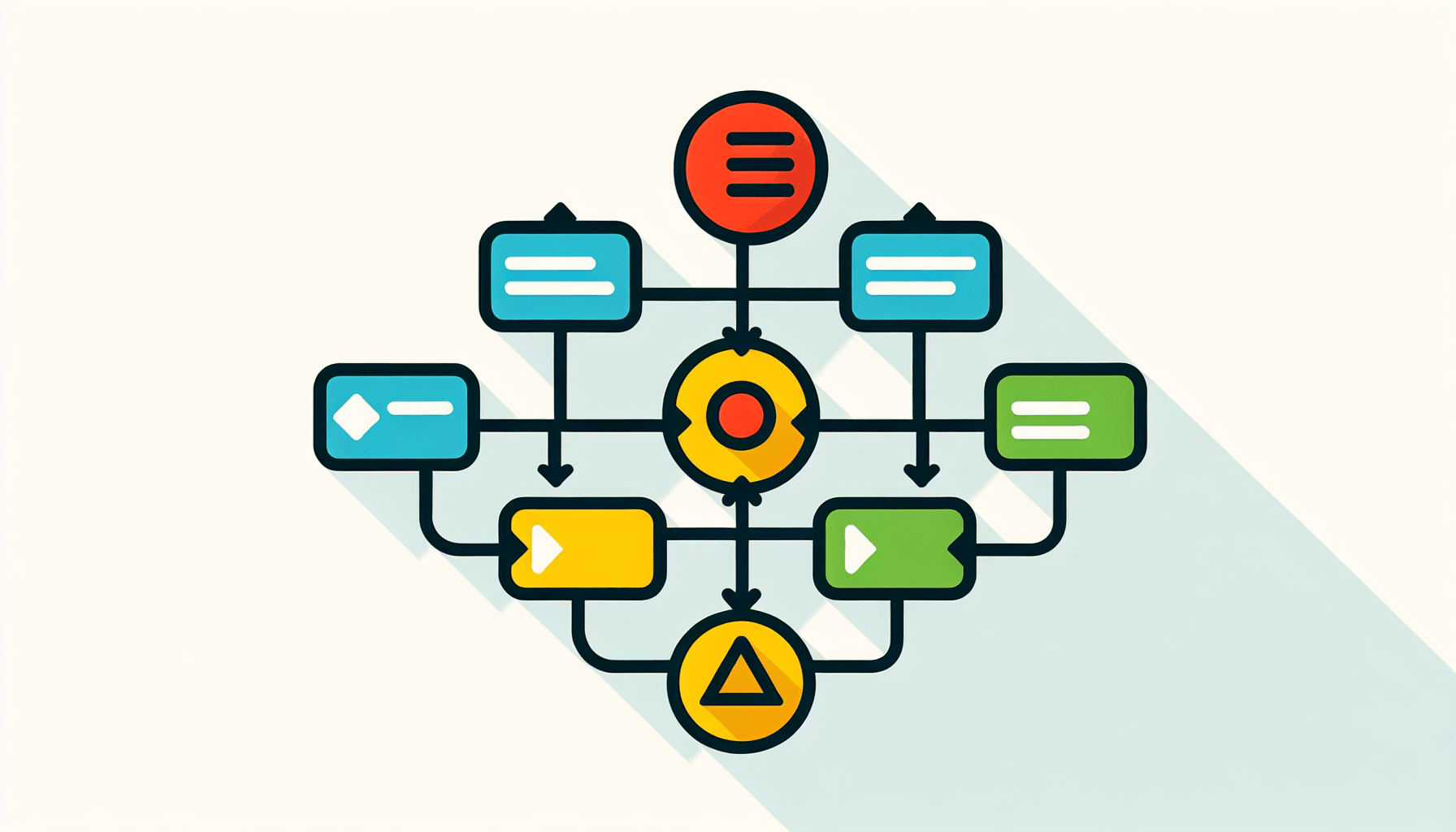 Flowchart in flat illustration style and white background, red #f47574, green #88c7a8, yellow #fcc44b, and blue #645bc8 colors.