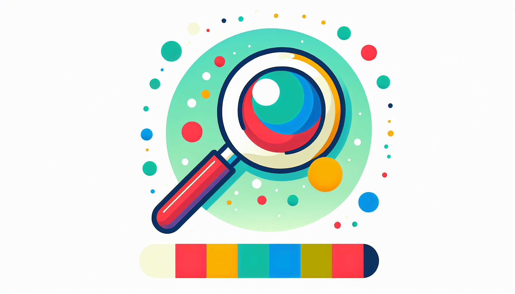 Magnifying glass in flat illustration style and white background, red #f47574, green #88c7a8, yellow #fcc44b, and blue #645bc8 colors.