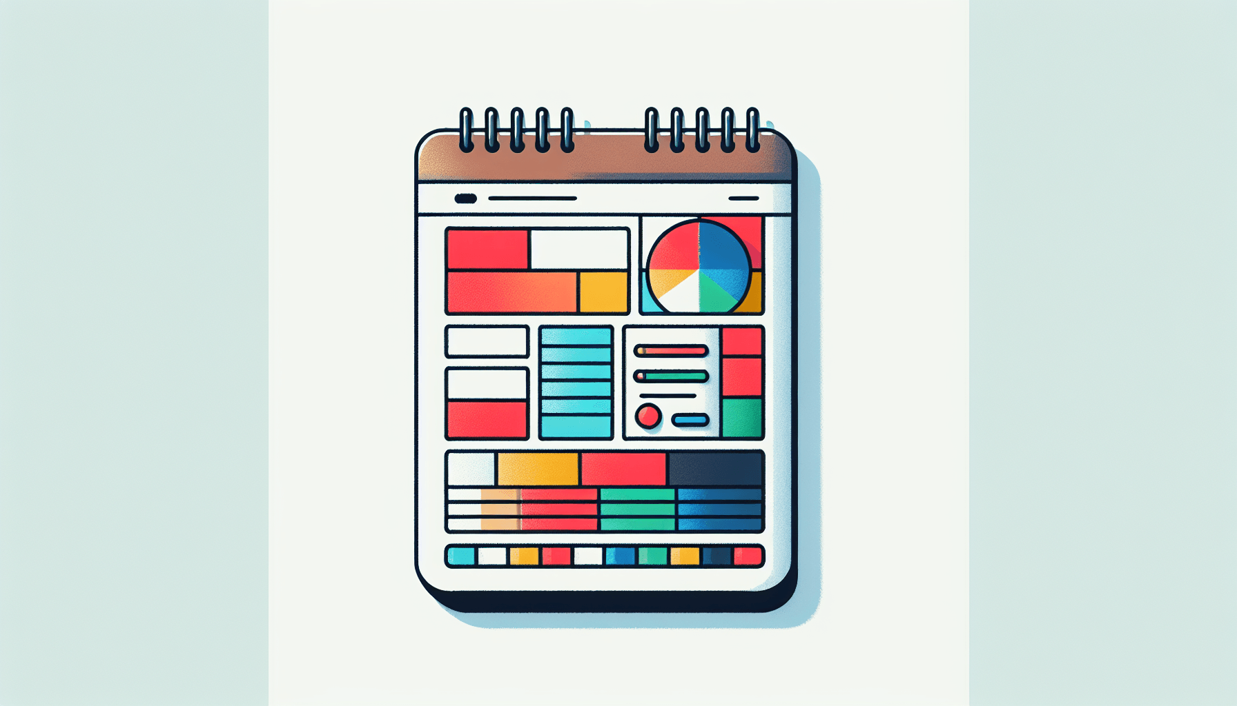 Notepad in flat illustration style and white background, red #f47574, green #88c7a8, yellow #fcc44b, and blue #645bc8 colors.
