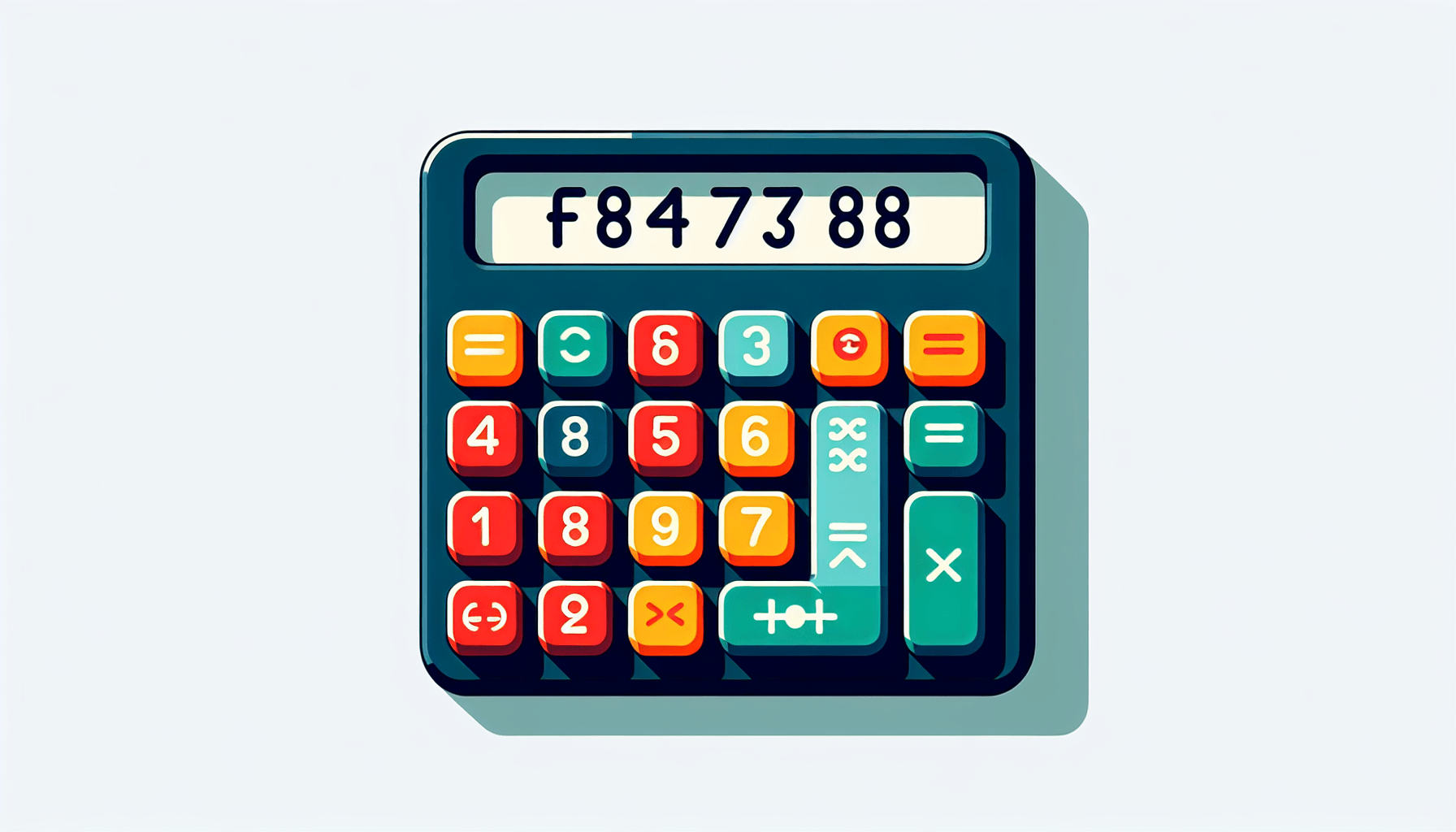 Calculator in flat illustration style and white background, red #f47574, green #88c7a8, yellow #fcc44b, and blue #645bc8 colors.