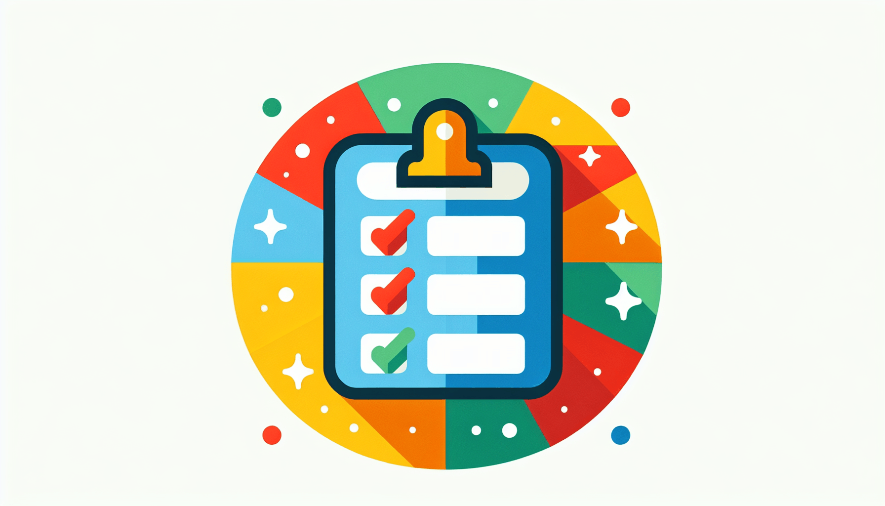 Checklist in flat illustration style and white background, red #f47574, green #88c7a8, yellow #fcc44b, and blue #645bc8 colors.