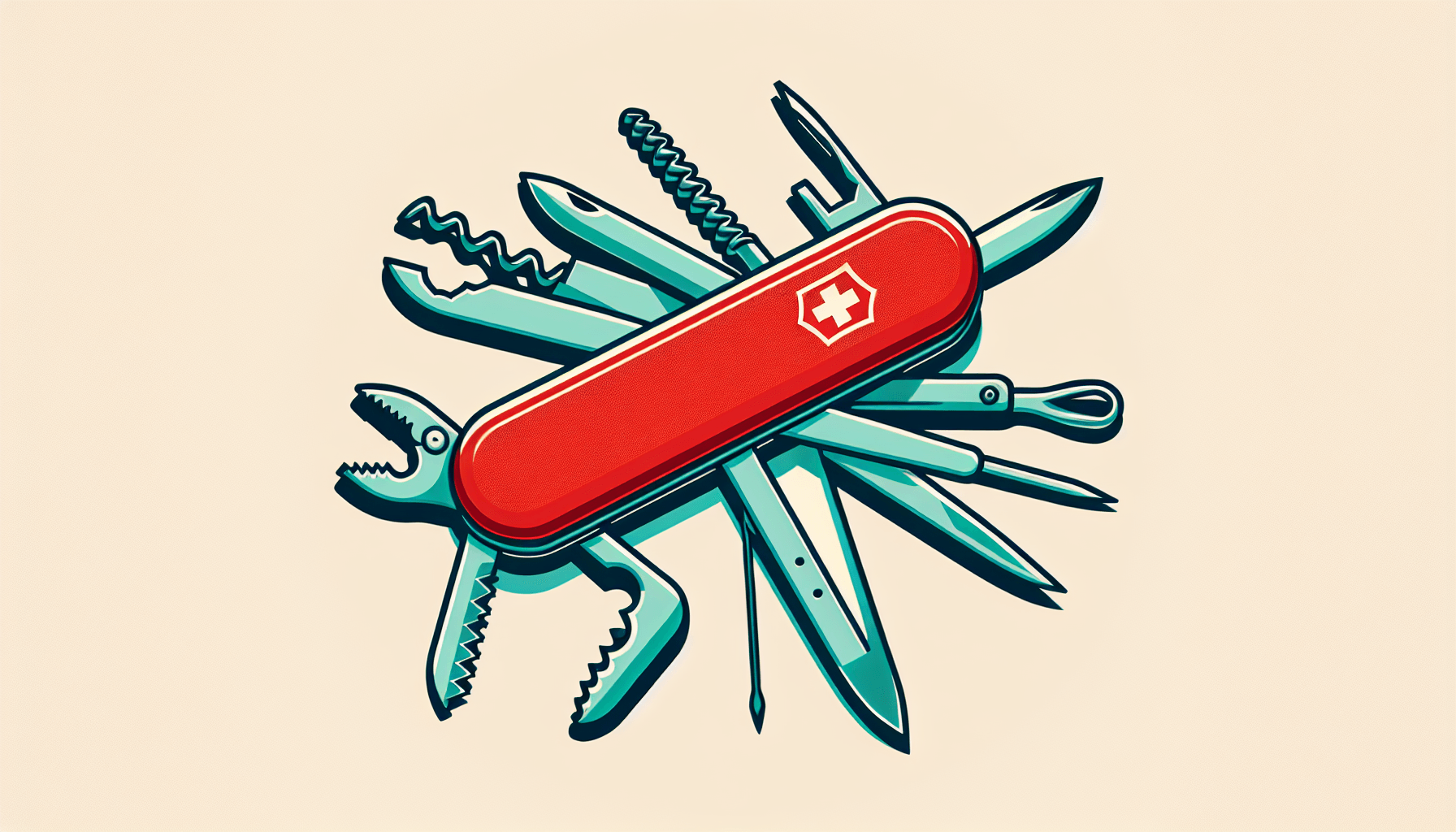 Swiss Army Knife in flat illustration style and white background, red #f47574, green #88c7a8, yellow #fcc44b, and blue #645bc8 colors.