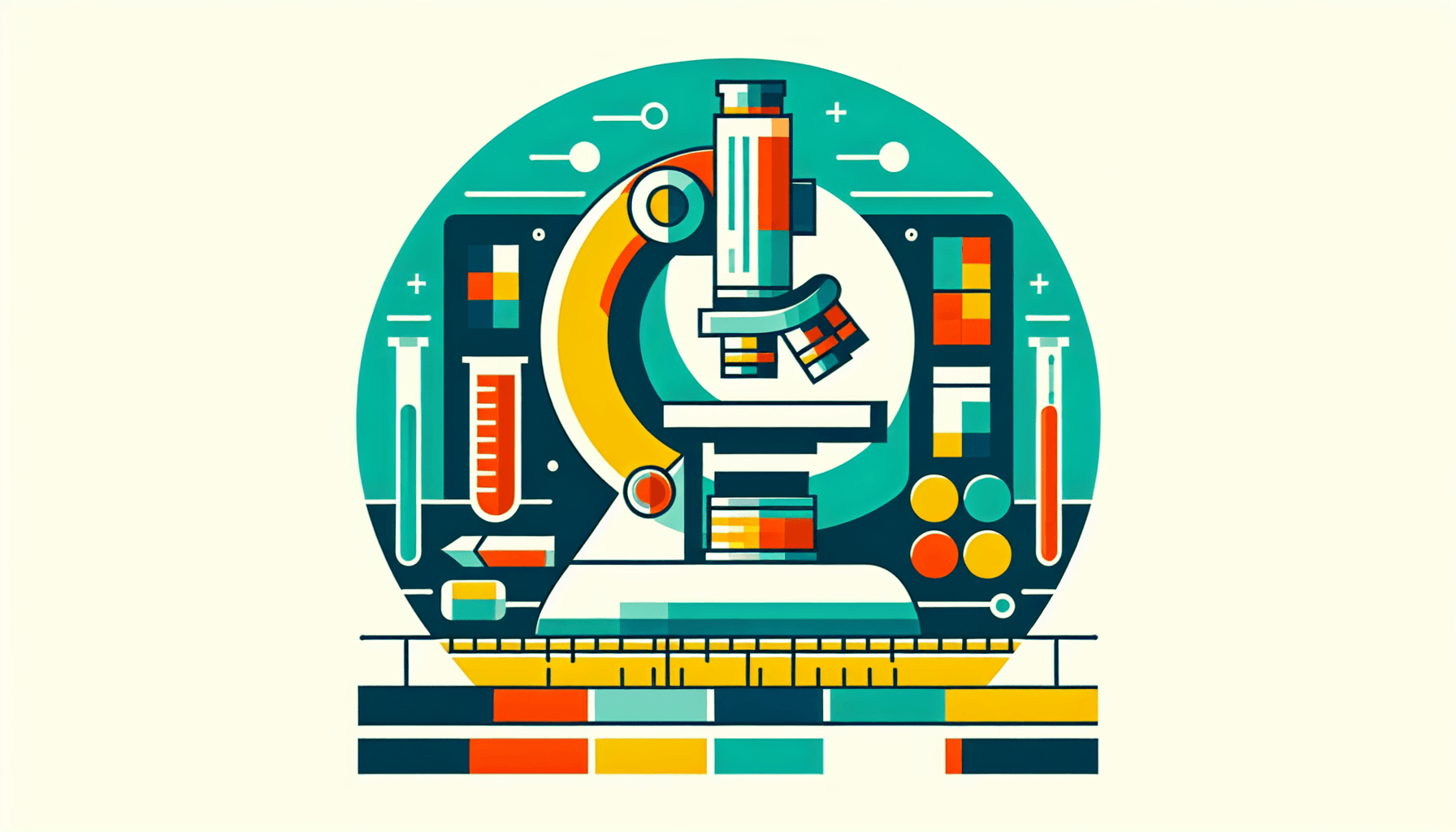 Microscope in flat illustration style and white background, red #f47574, green #88c7a8, yellow #fcc44b, and blue #645bc8 colors.