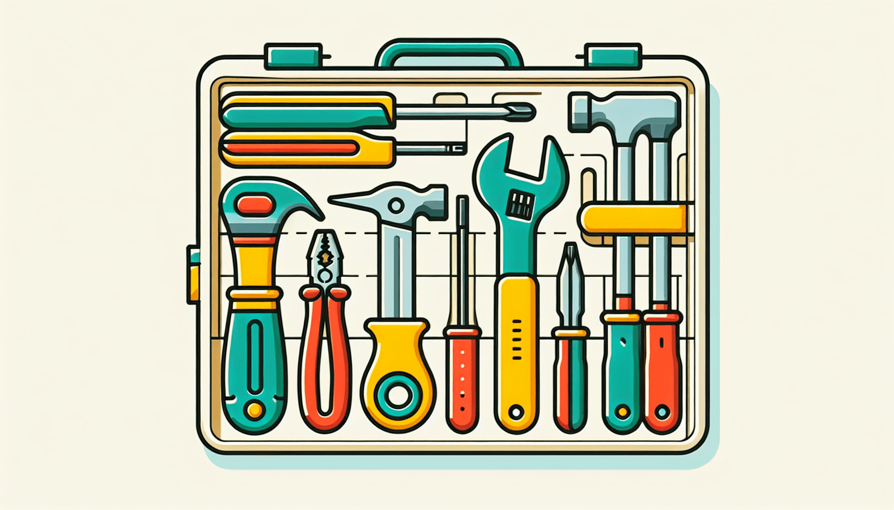 Toolkit in flat illustration style and white background, red #f47574, green #88c7a8, yellow #fcc44b, and blue #645bc8 colors.