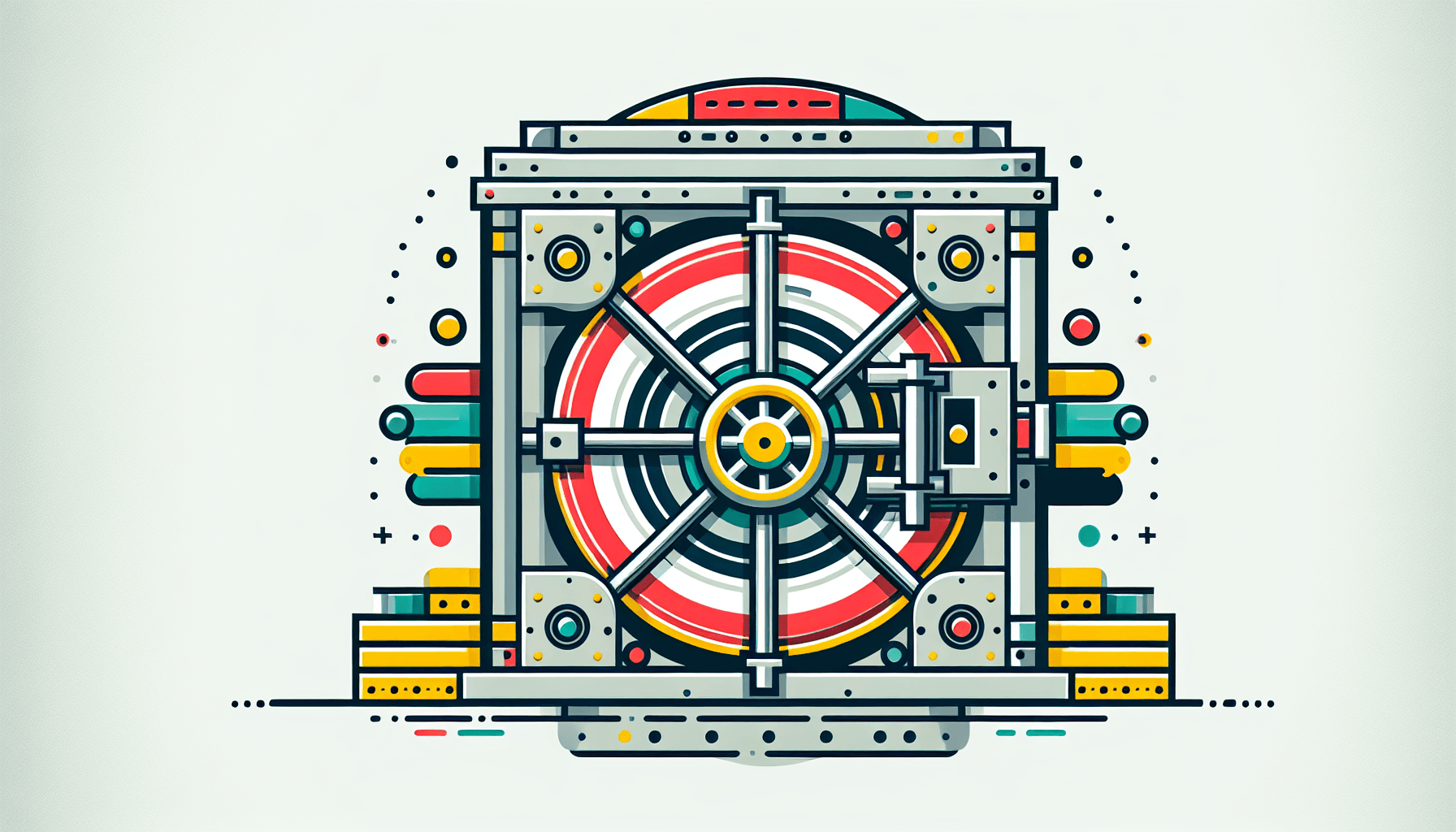 Vault in flat illustration style and white background, red #f47574, green #88c7a8, yellow #fcc44b, and blue #645bc8 colors.