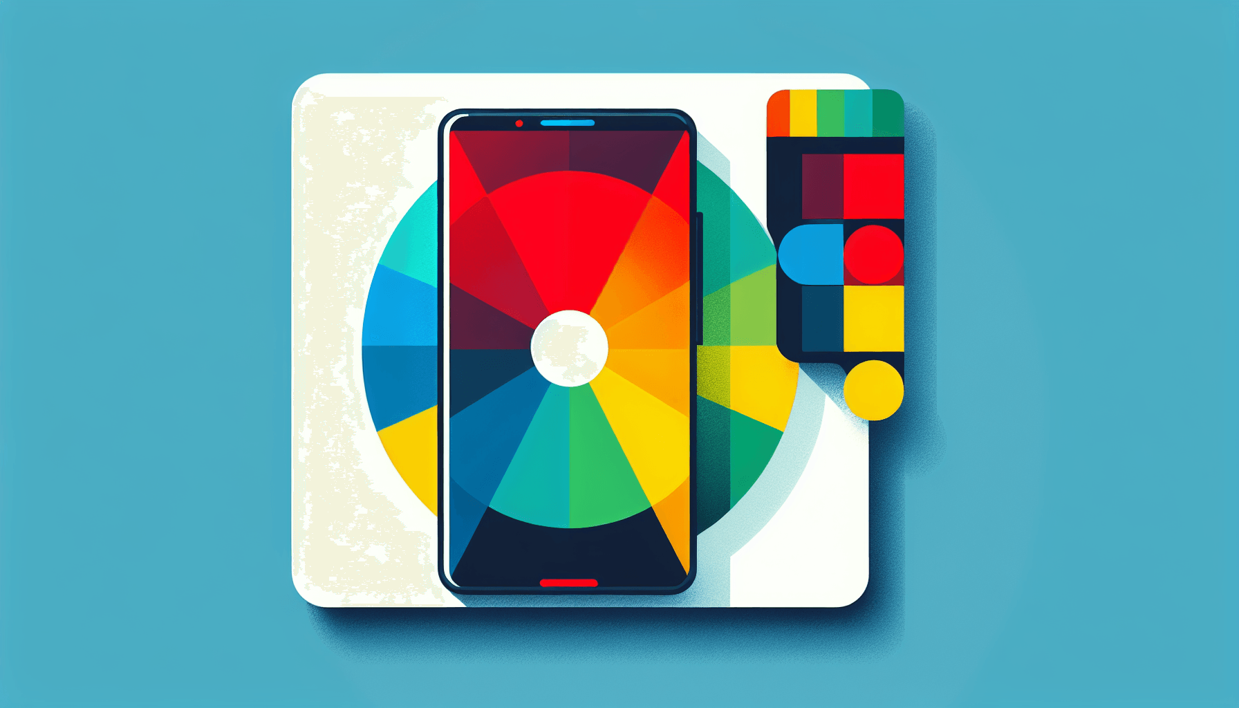Smartphone in flat illustration style and white background, red #f47574, green #88c7a8, yellow #fcc44b, and blue #645bc8 colors.