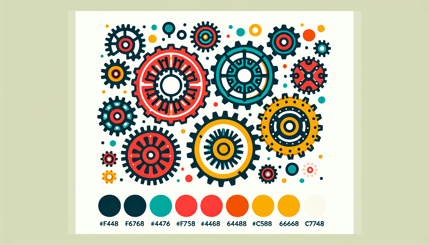 Gear in flat illustration style and white background, red #f47574, green #88c7a8, yellow #fcc44b, and blue #645bc8 colors.