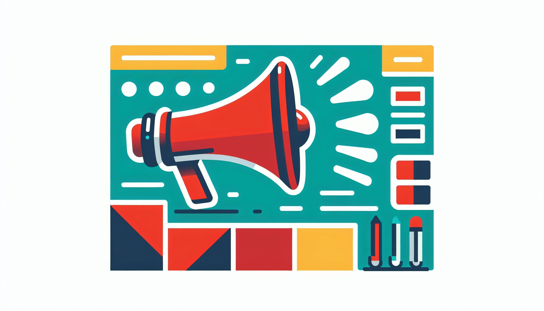 Megaphone in flat illustration style and white background, red #f47574, green #88c7a8, yellow #fcc44b, and blue #645bc8 colors.