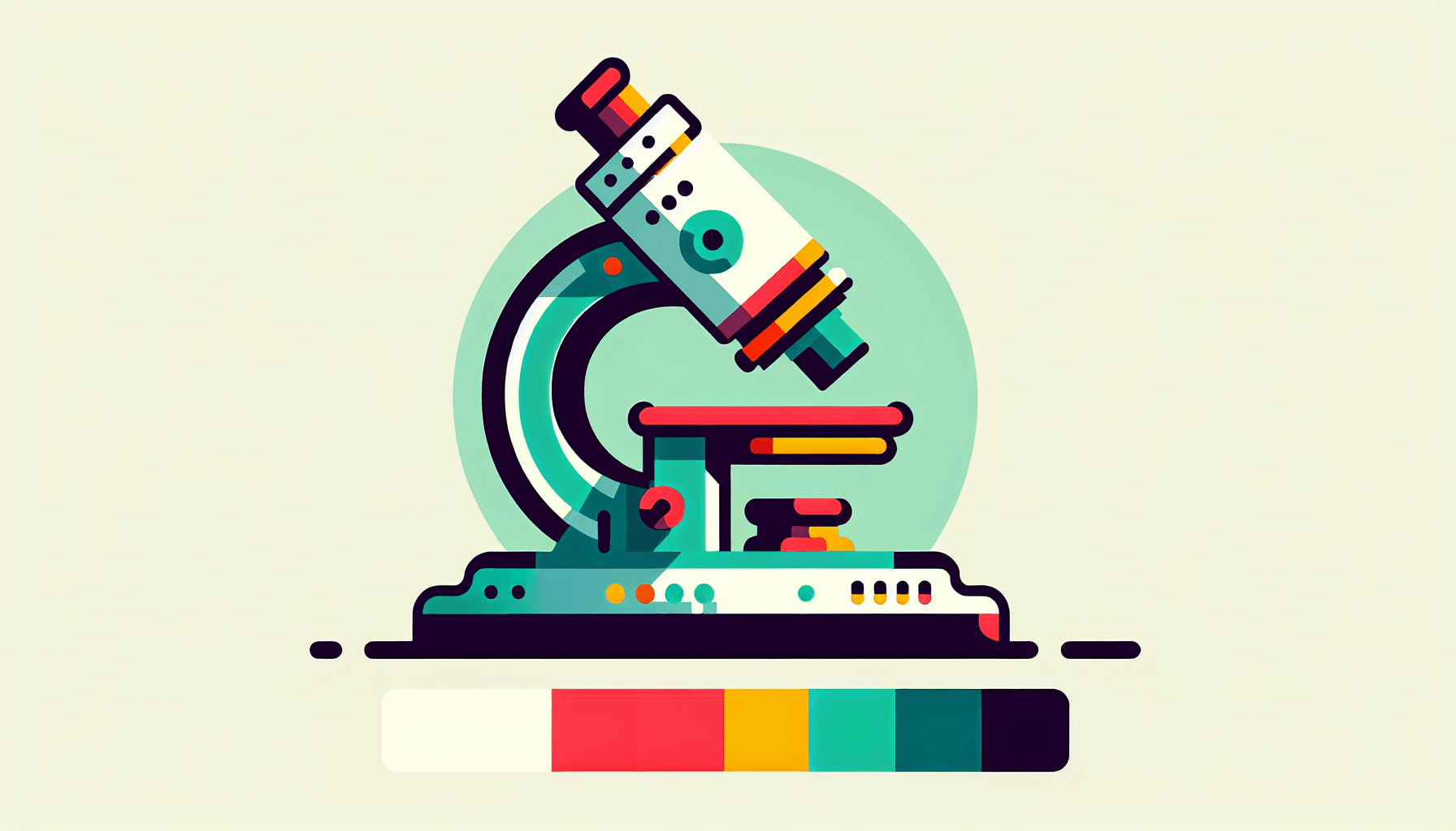 Microscope in flat illustration style and white background, red #f47574, green #88c7a8, yellow #fcc44b, and blue #645bc8 colors.