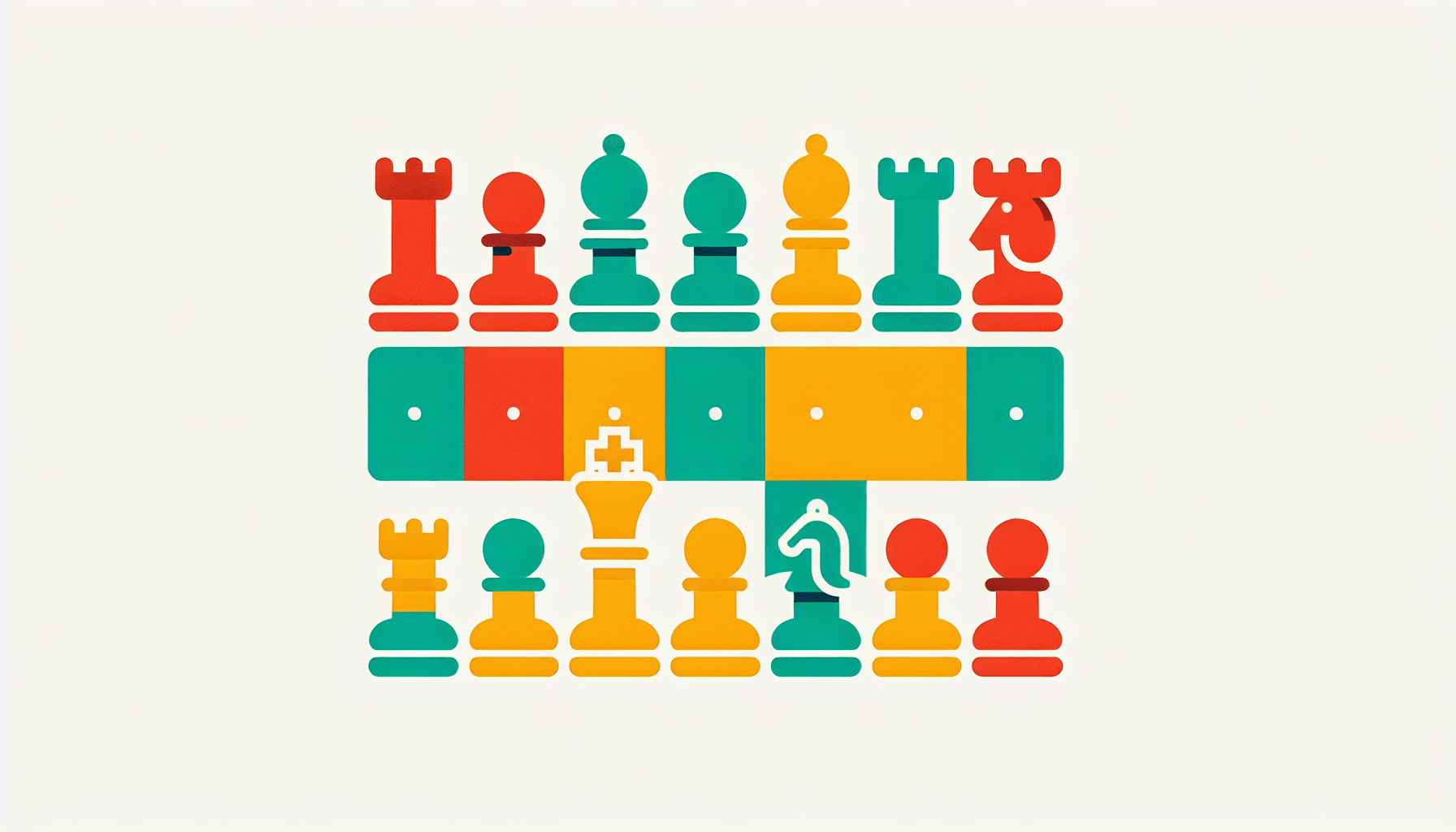 Chessboard in flat illustration style and white background, red #f47574, green #88c7a8, yellow #fcc44b, and blue #645bc8 colors.