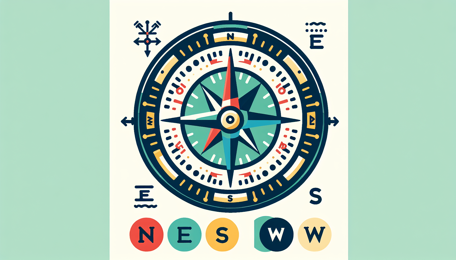 Compass in flat illustration style and white background, red #f47574, green #88c7a8, yellow #fcc44b, and blue #645bc8 colors.