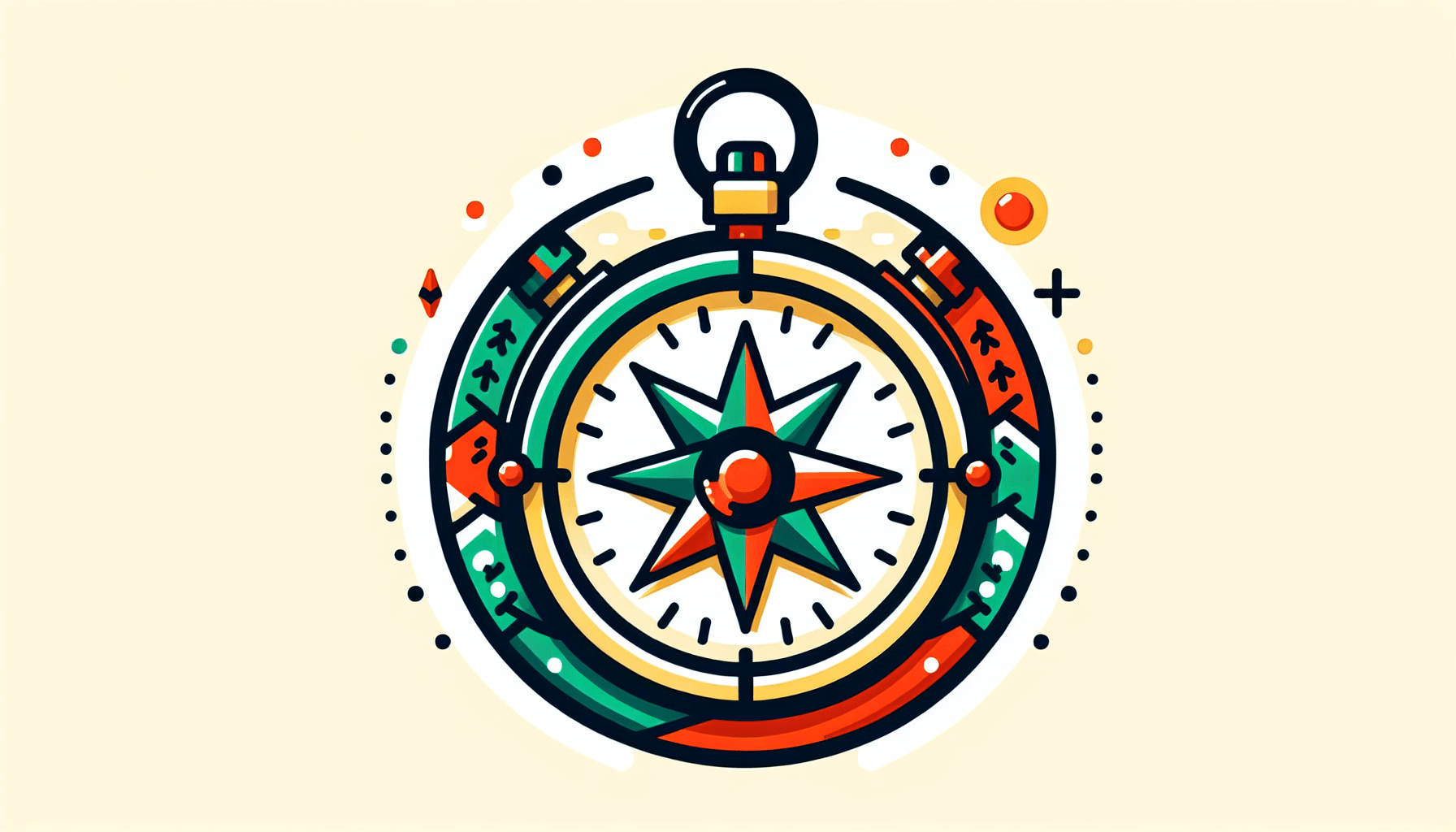 Compass in flat illustration style and white background, red #f47574, green #88c7a8, yellow #fcc44b, and blue #645bc8 colors.