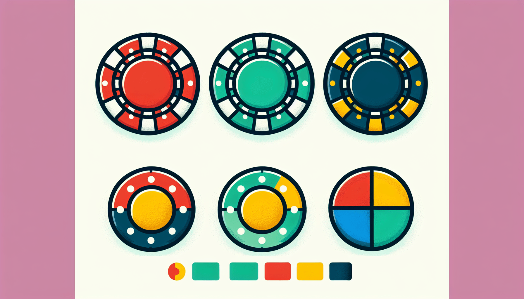 Poker chip in flat illustration style and white background, red #f47574, green #88c7a8, yellow #fcc44b, and blue #645bc8 colors.