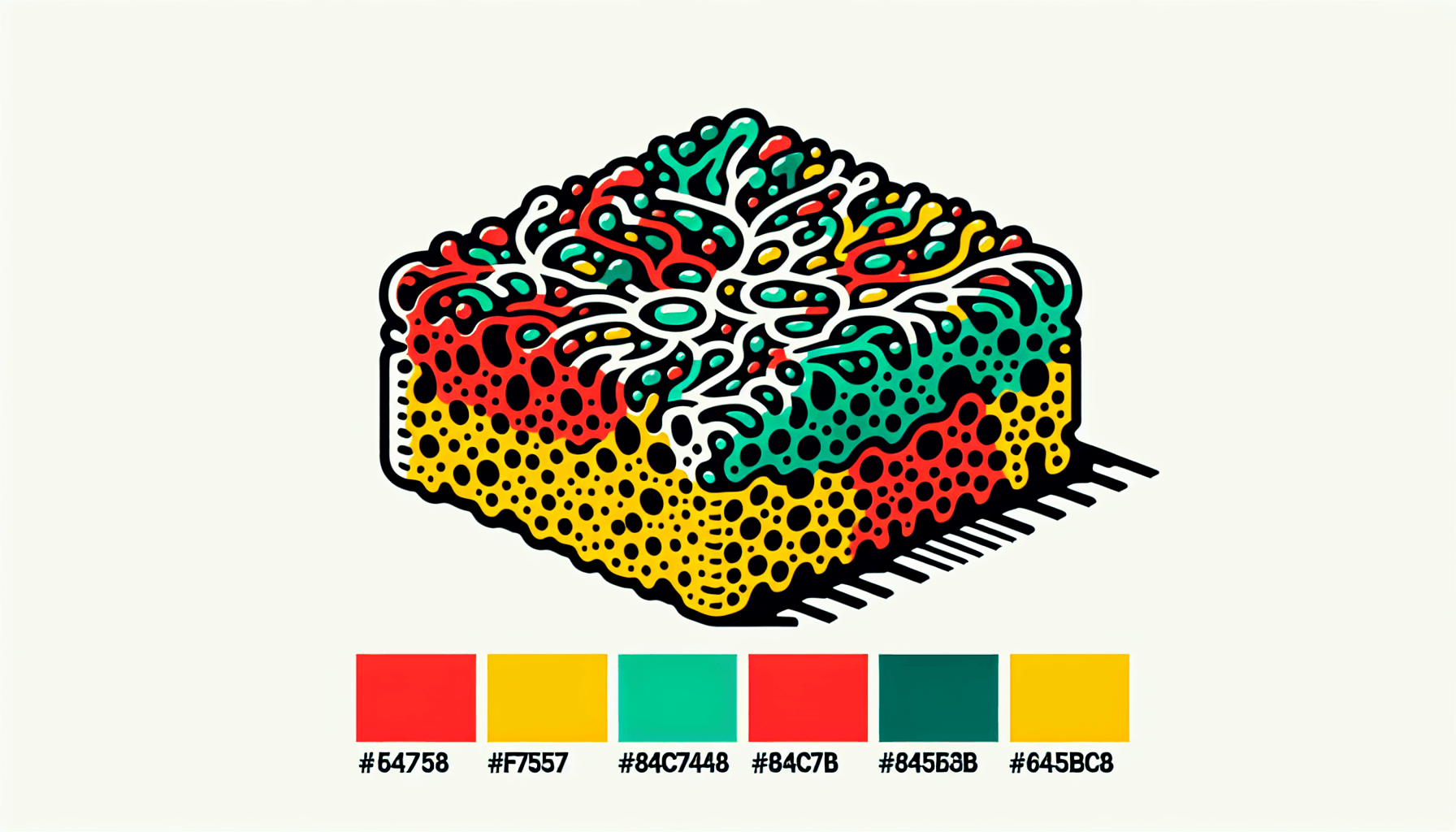 Sponge in flat illustration style and white background, red #f47574, green #88c7a8, yellow #fcc44b, and blue #645bc8 colors.