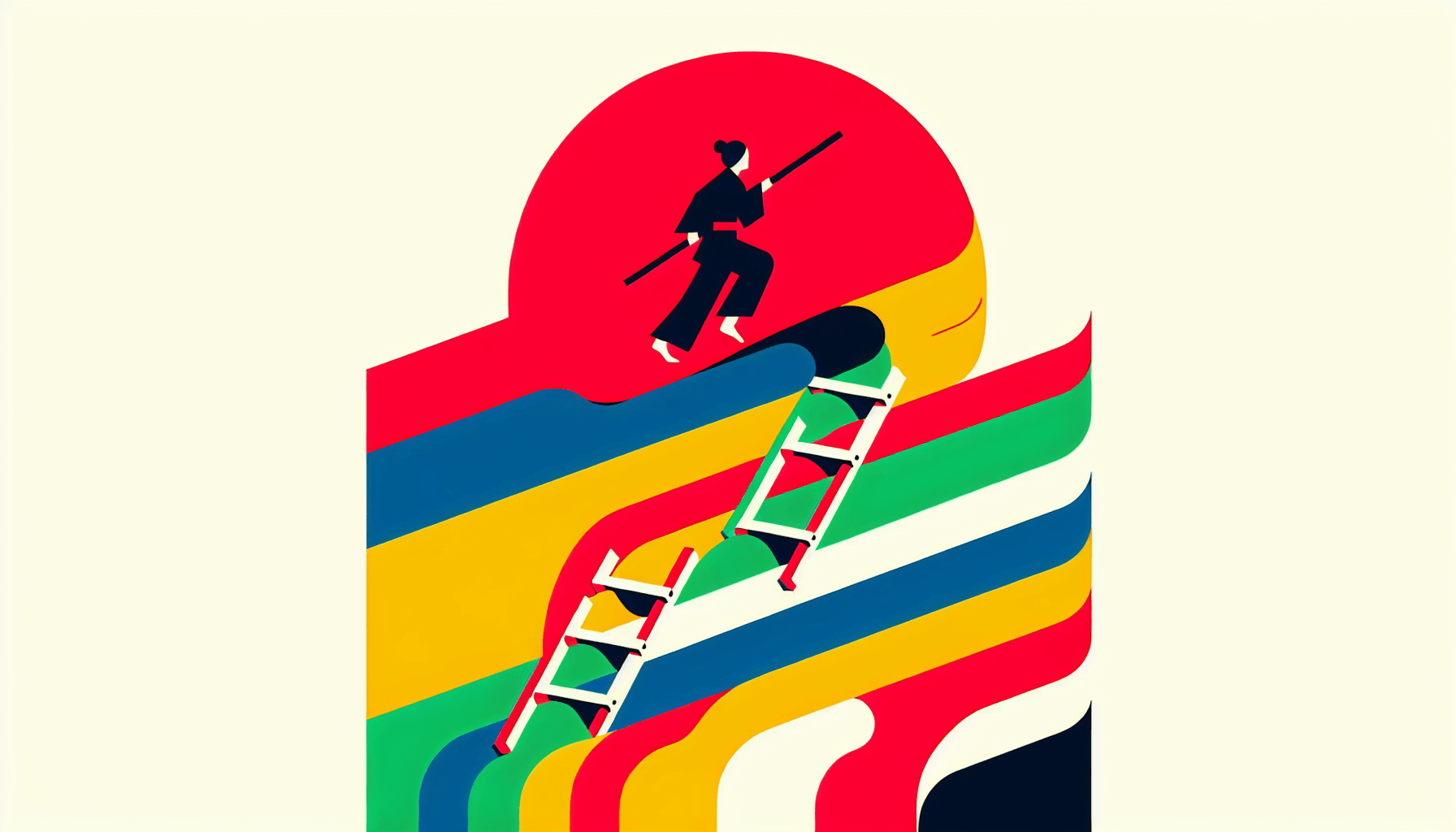 Ladder in flat illustration style and white background, red #f47574, green #88c7a8, yellow #fcc44b, and blue #645bc8 colors.