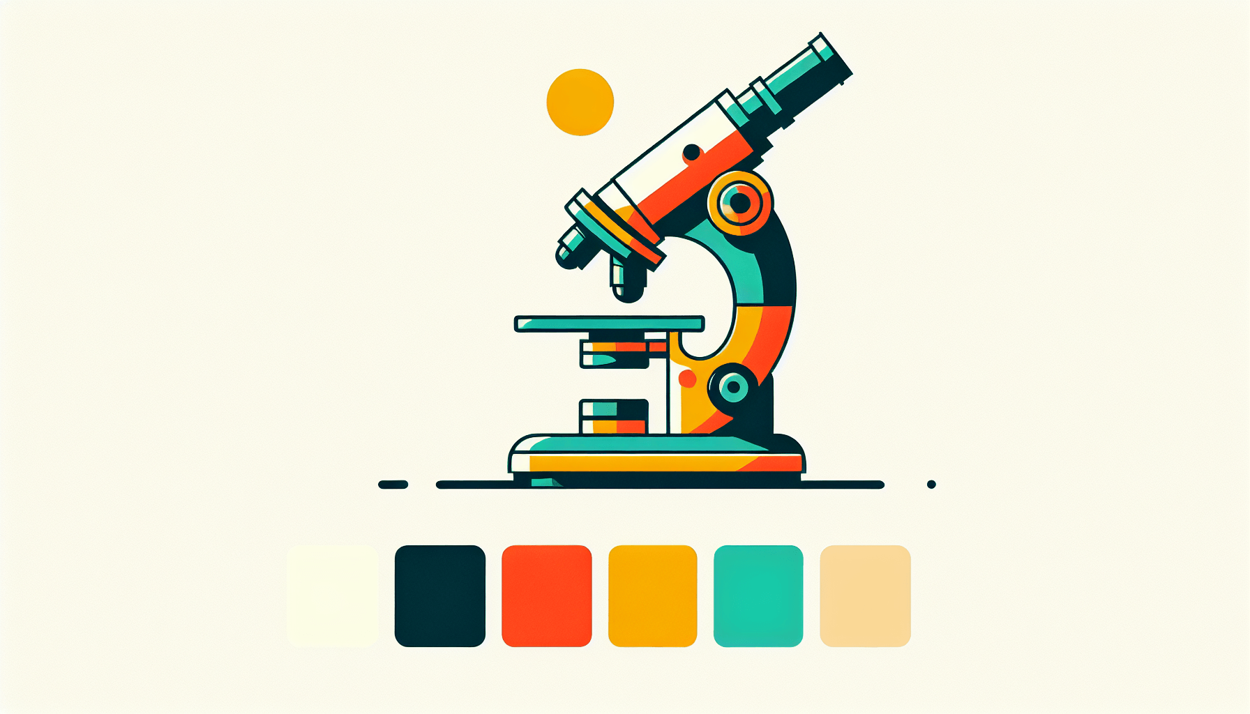 Microscope in flat illustration style and white background, red #f47574, green #88c7a8, yellow #fcc44b, and blue #645bc8 colors.