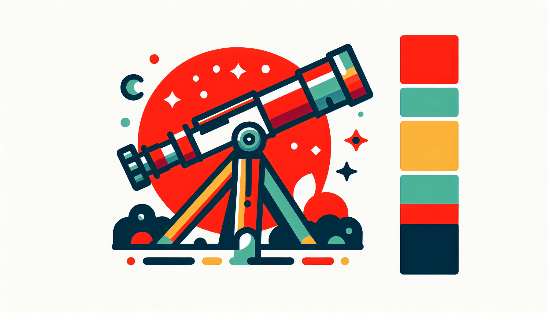 Telescope in flat illustration style and white background, red #f47574, green #88c7a8, yellow #fcc44b, and blue #645bc8 colors.