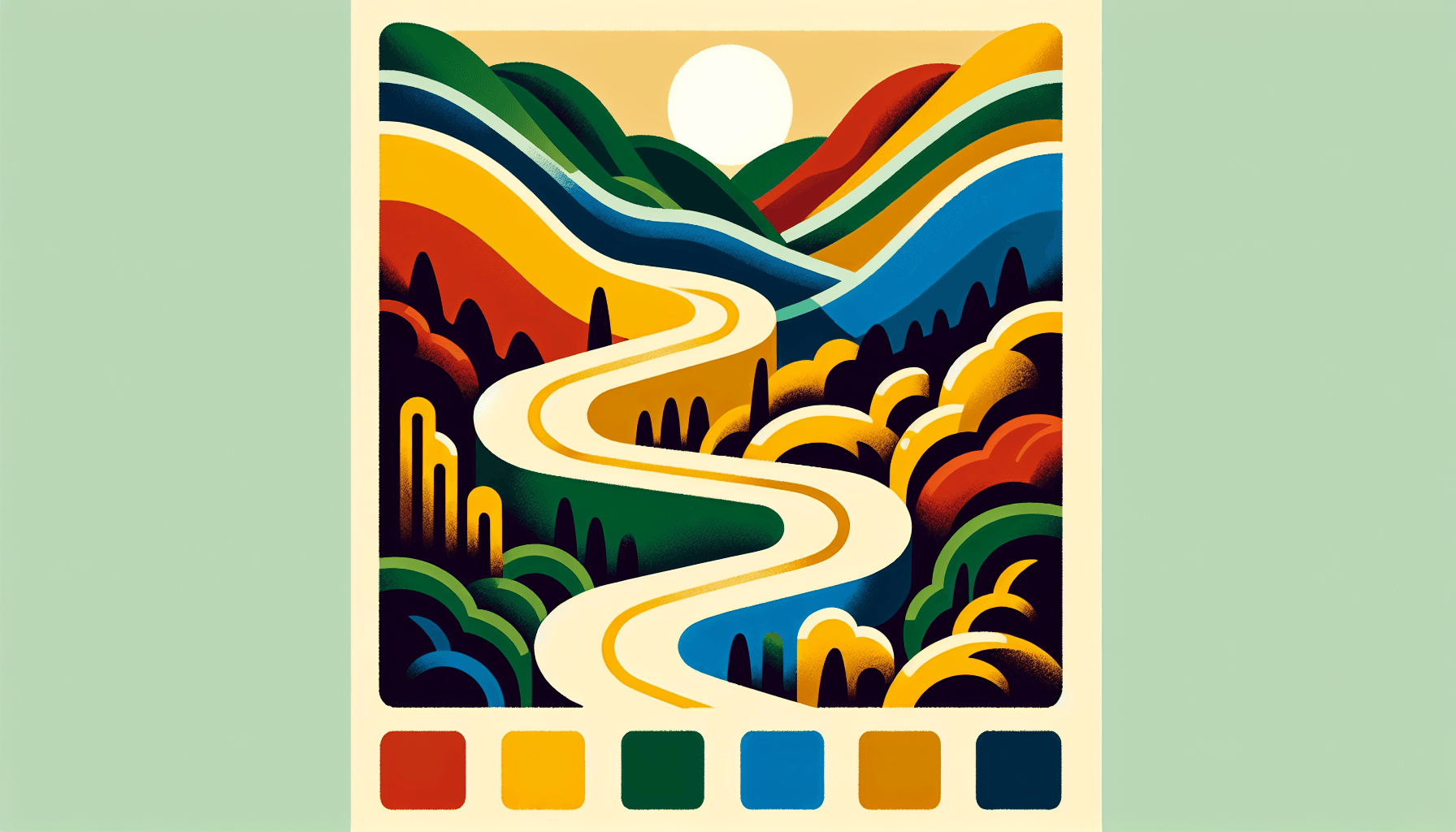 Path in flat illustration style and white background, red #f47574, green #88c7a8, yellow #fcc44b, and blue #645bc8 colors.