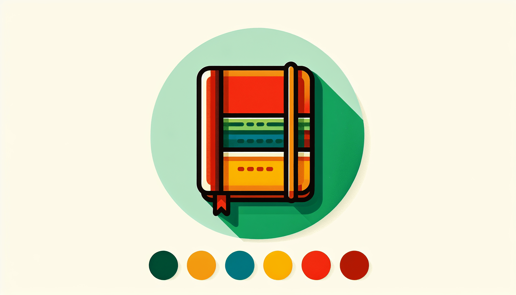Notebook in flat illustration style and white background, red #f47574, green #88c7a8, yellow #fcc44b, and blue #645bc8 colors.