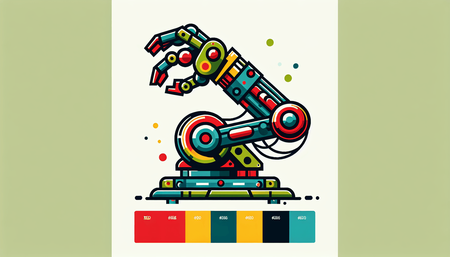 Robot arm in flat illustration style and white background, red #f47574, green #88c7a8, yellow #fcc44b, and blue #645bc8 colors.