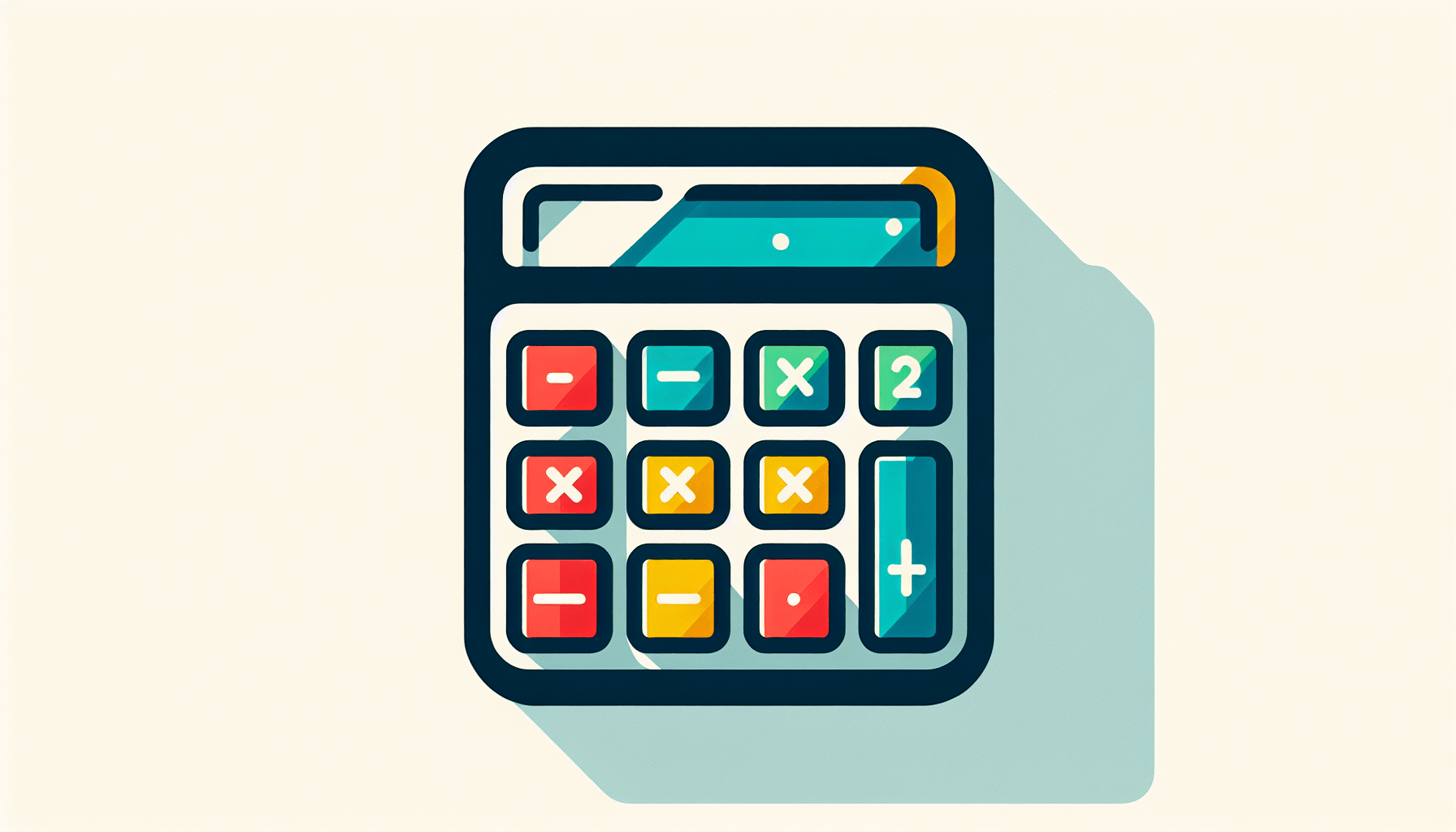 Calculator in flat illustration style and white background, red #f47574, green #88c7a8, yellow #fcc44b, and blue #645bc8 colors.
