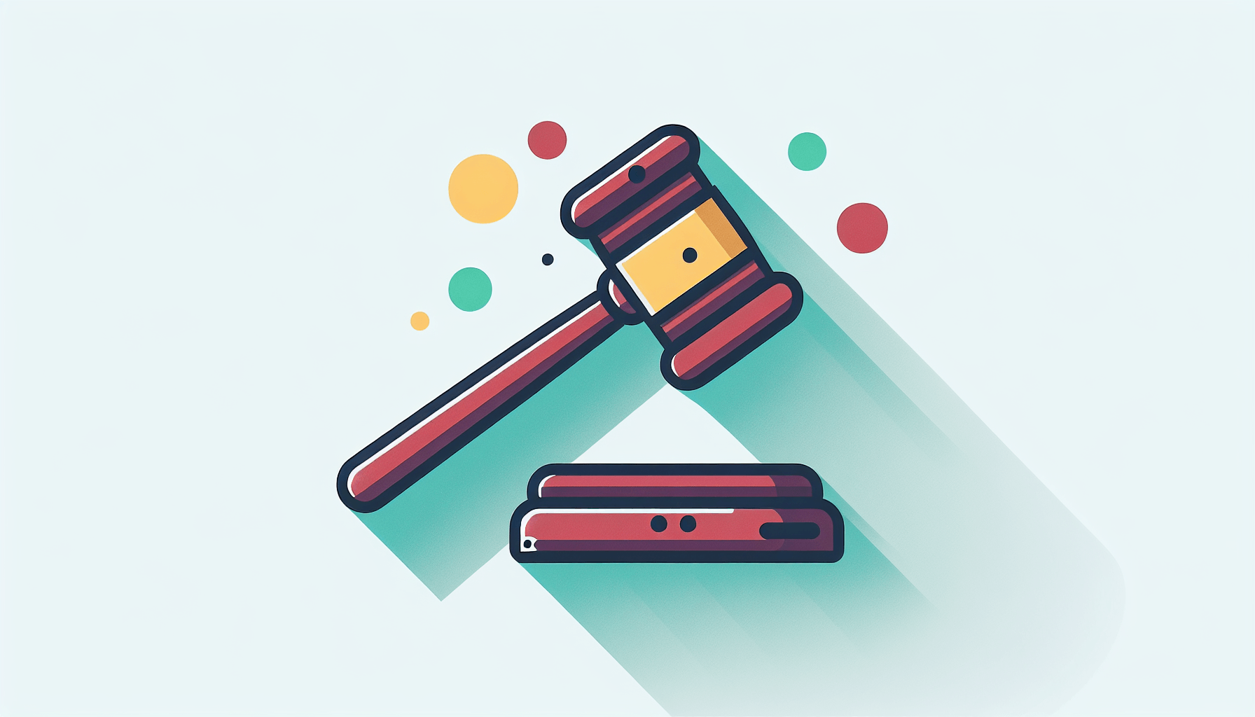 Auction gavel in flat illustration style and white background, red #f47574, green #88c7a8, yellow #fcc44b, and blue #645bc8 colors.