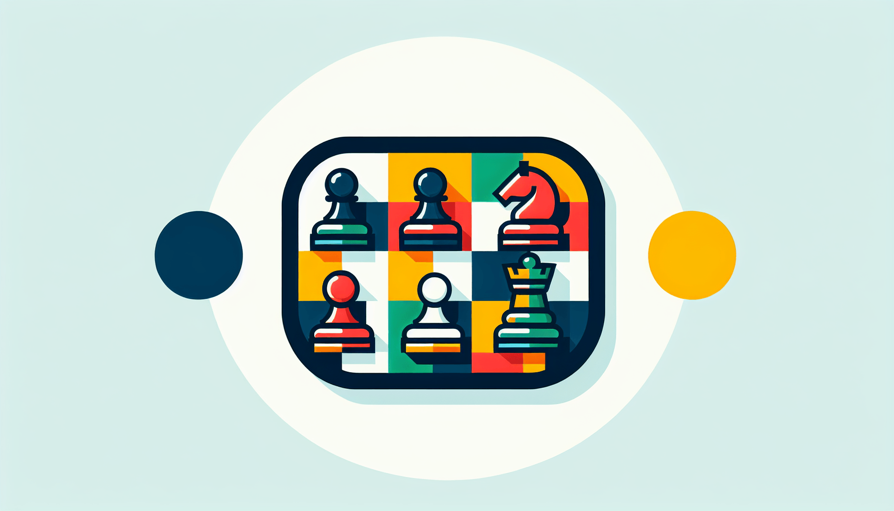 Chessboard in flat illustration style and white background, red #f47574, green #88c7a8, yellow #fcc44b, and blue #645bc8 colors.