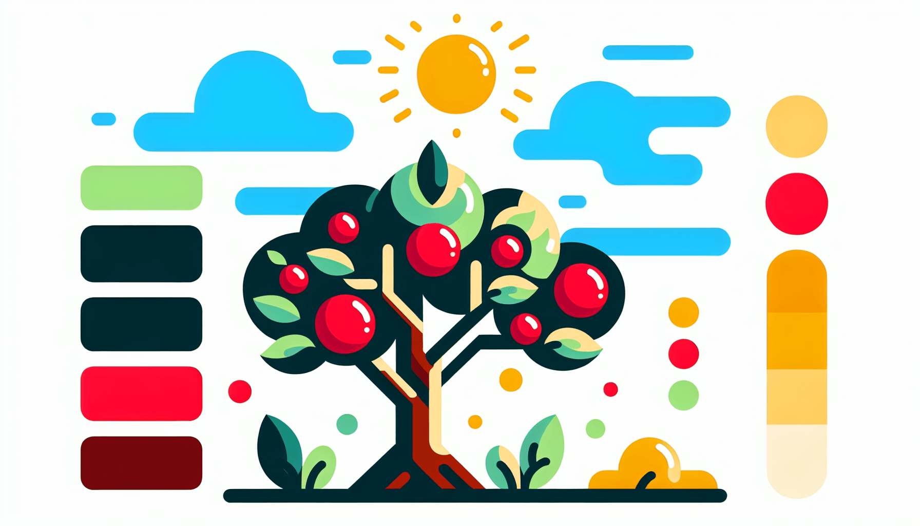 Tree in flat illustration style and white background, red #f47574, green #88c7a8, yellow #fcc44b, and blue #645bc8 colors.