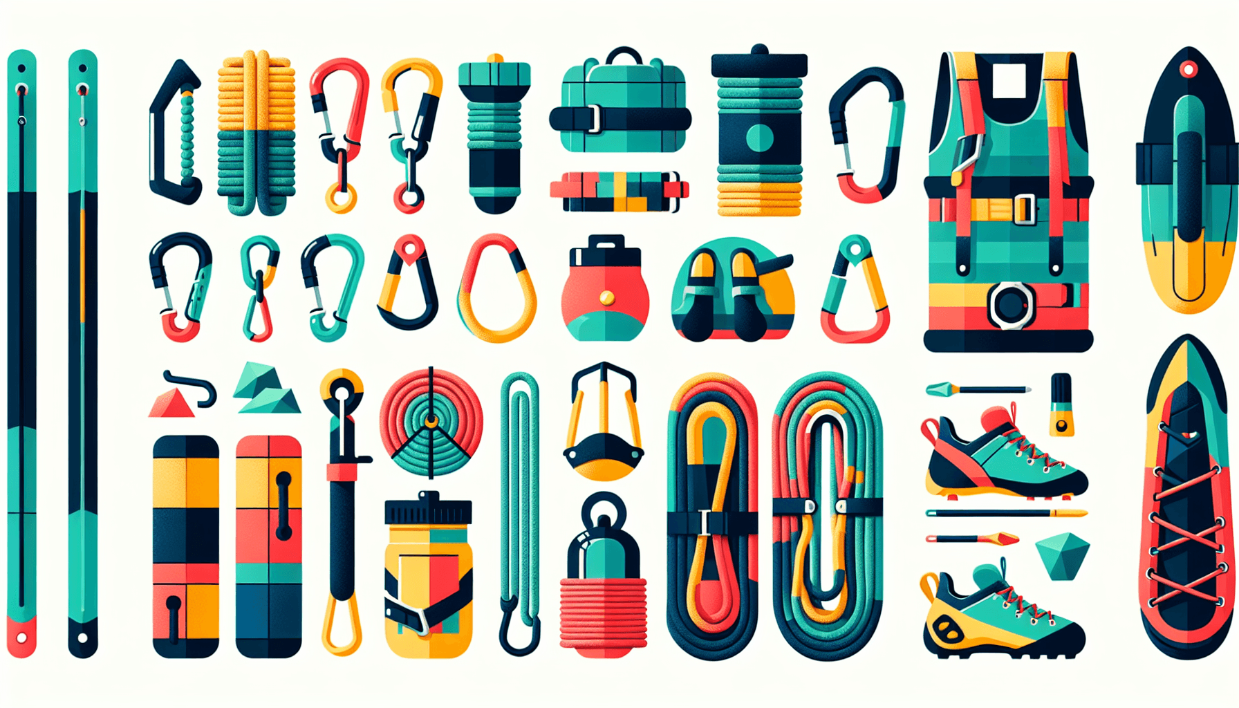 Climbing gear in flat illustration style and white background, red #f47574, green #88c7a8, yellow #fcc44b, and blue #645bc8 colors.