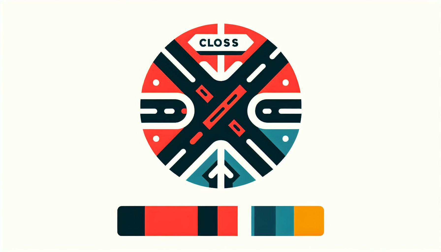 Crossroads in flat illustration style and white background, red #f47574, green #88c7a8, yellow #fcc44b, and blue #645bc8 colors.