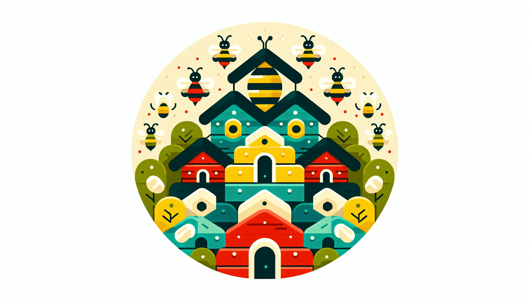 Beehive in flat illustration style and white background, red #f47574, green #88c7a8, yellow #fcc44b, and blue #645bc8 colors.