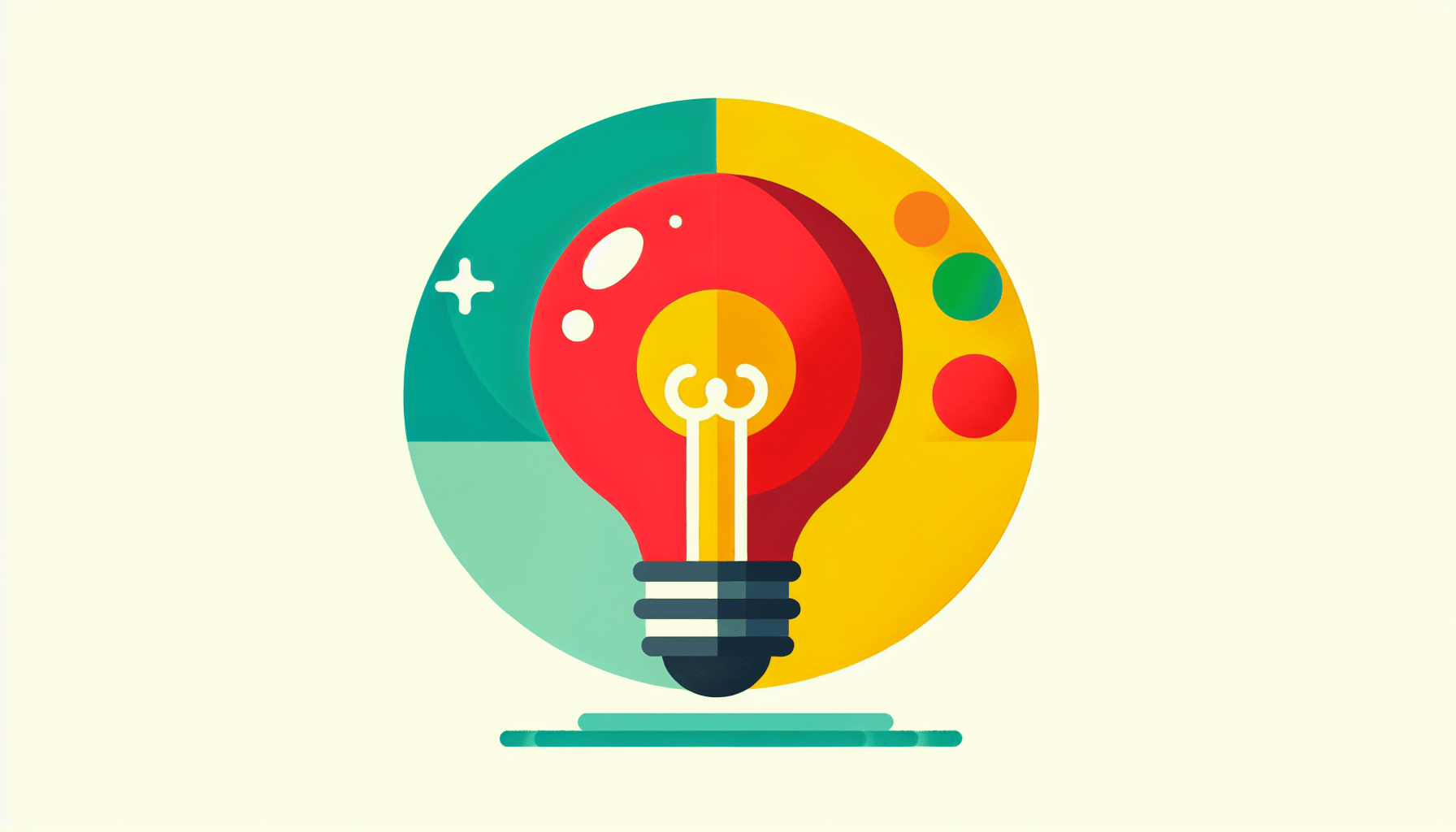 Lightbulb in flat illustration style and white background, red #f47574, green #88c7a8, yellow #fcc44b, and blue #645bc8 colors.
