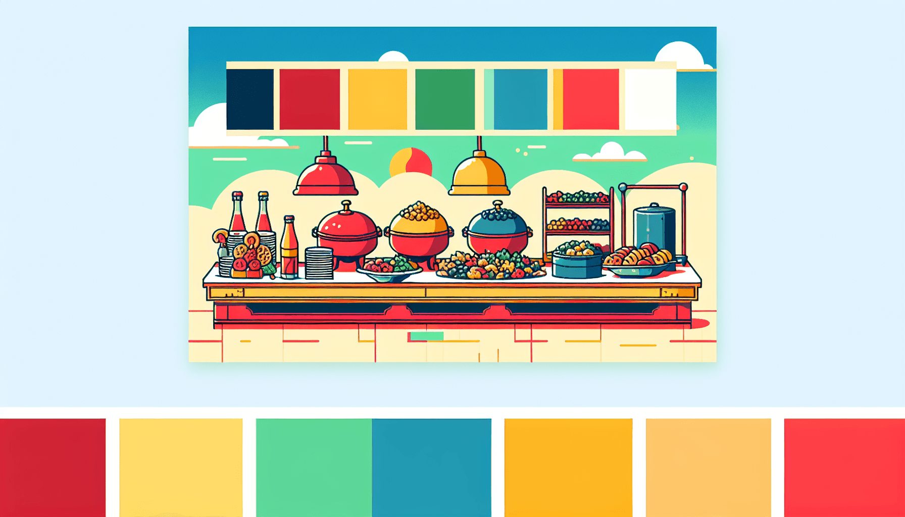 Buffet in flat illustration style and white background, red #f47574, green #88c7a8, yellow #fcc44b, and blue #645bc8 colors.