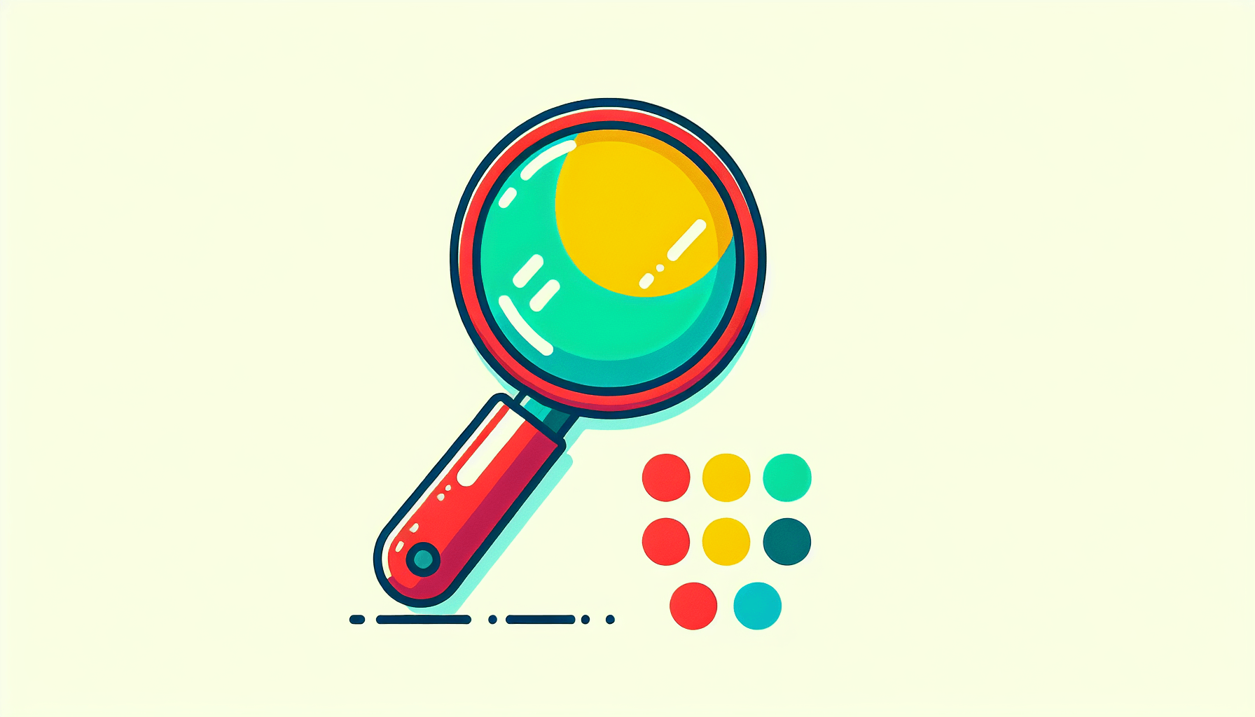 Magnifying glass in flat illustration style and white background, red #f47574, green #88c7a8, yellow #fcc44b, and blue #645bc8 colors.