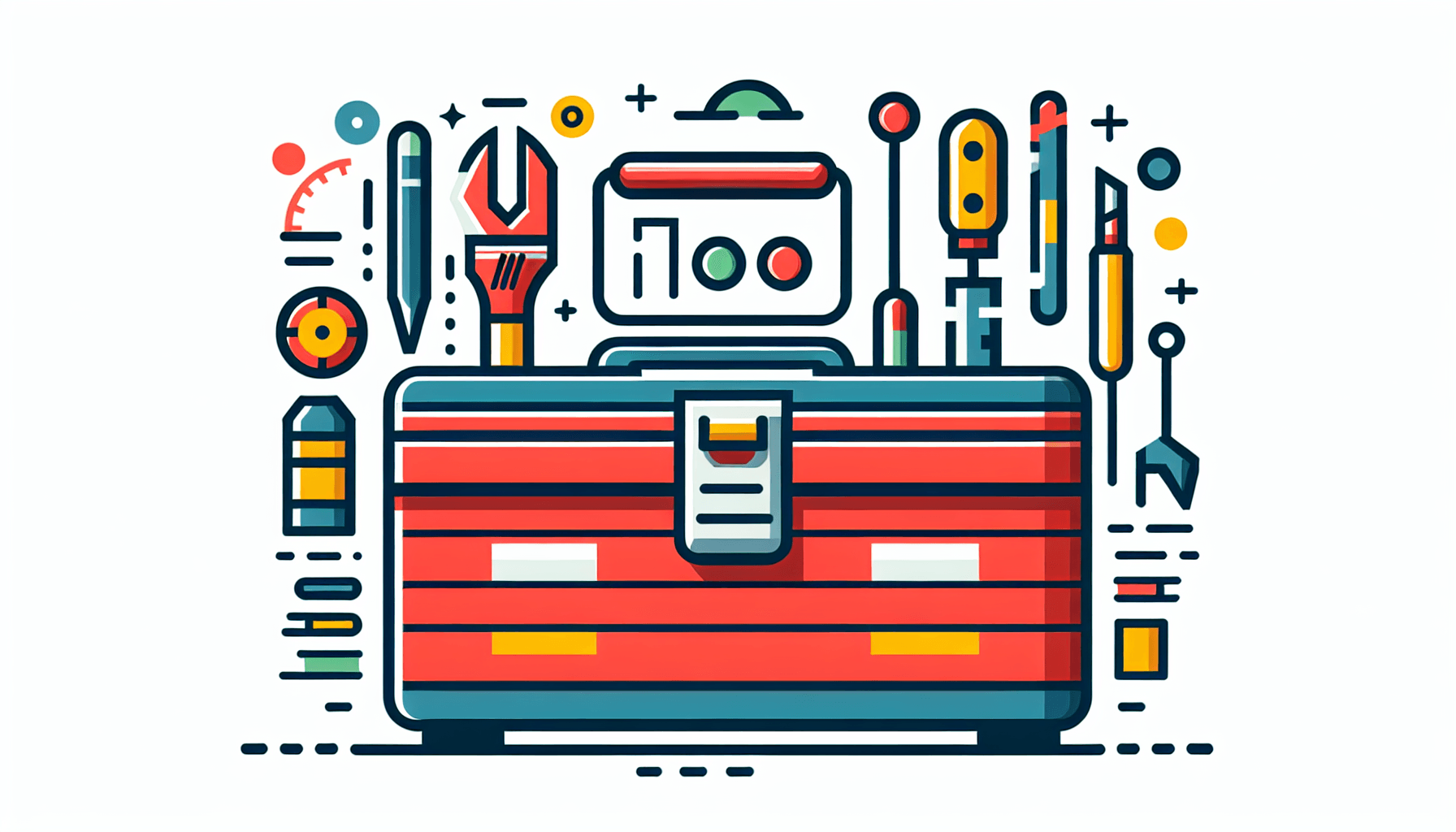 Toolbox in flat illustration style and white background, red #f47574, green #88c7a8, yellow #fcc44b, and blue #645bc8 colors.