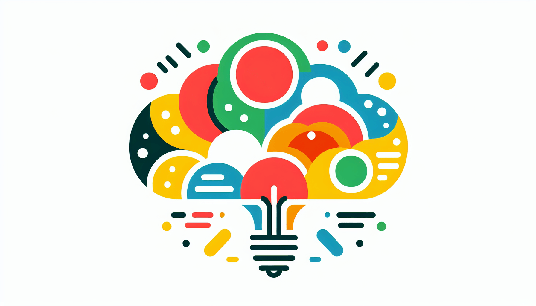 Idea cloud in flat illustration style and white background, red #f47574, green #88c7a8, yellow #fcc44b, and blue #645bc8 colors.