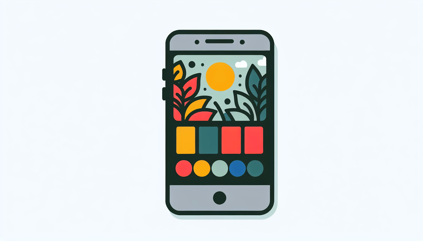Smartphone in flat illustration style and white background, red #f47574, green #88c7a8, yellow #fcc44b, and blue #645bc8 colors.