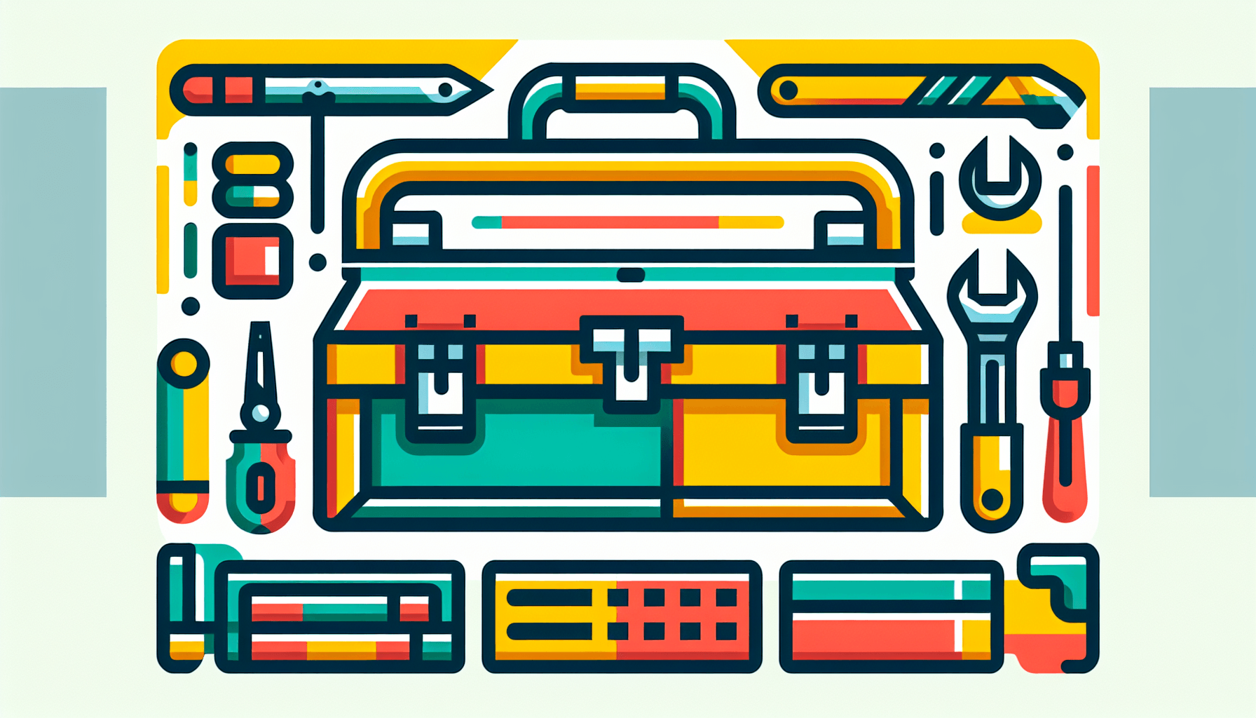 Toolbox in flat illustration style and white background, red #f47574, green #88c7a8, yellow #fcc44b, and blue #645bc8 colors.
