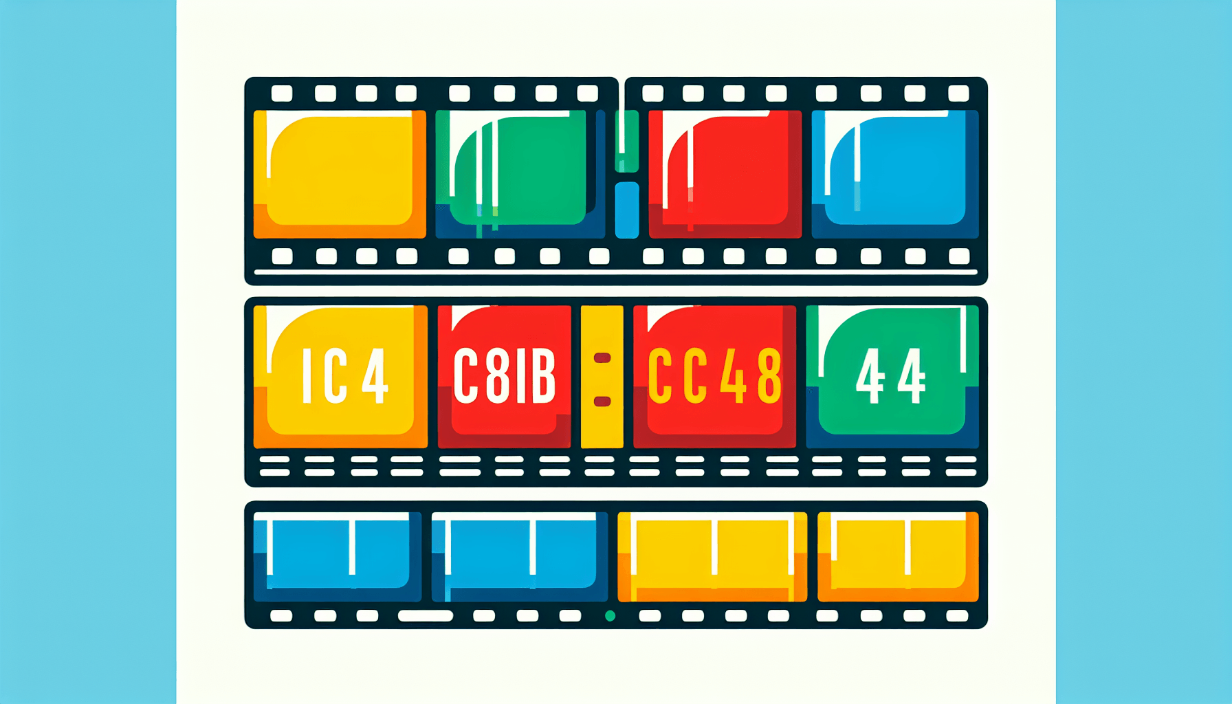 Filmstrip in flat illustration style and white background, red #f47574, green #88c7a8, yellow #fcc44b, and blue #645bc8 colors.