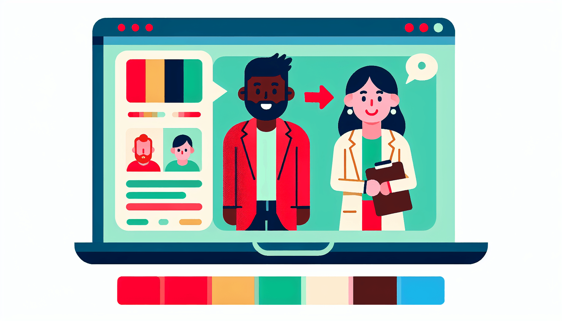Advisor in flat illustration style and white background, red #f47574, green #88c7a8, yellow #fcc44b, and blue #645bc8 colors.