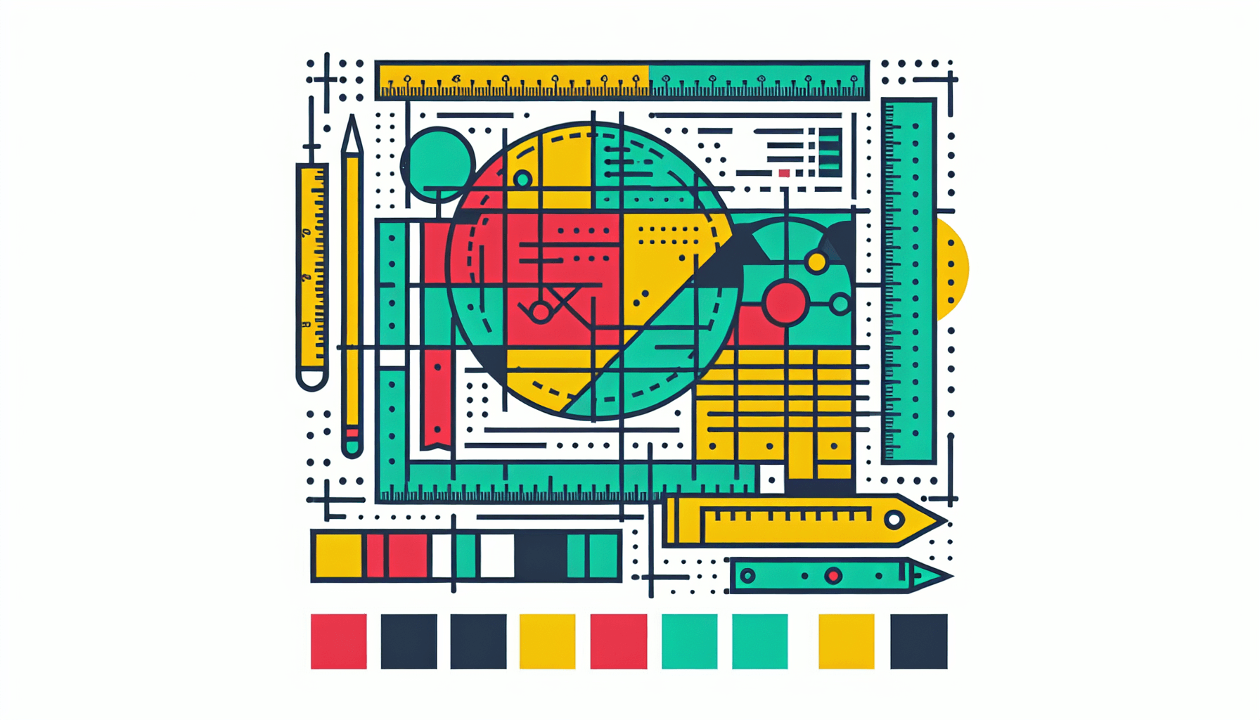 Blueprint in flat illustration style and white background, red #f47574, green #88c7a8, yellow #fcc44b, and blue #645bc8 colors.