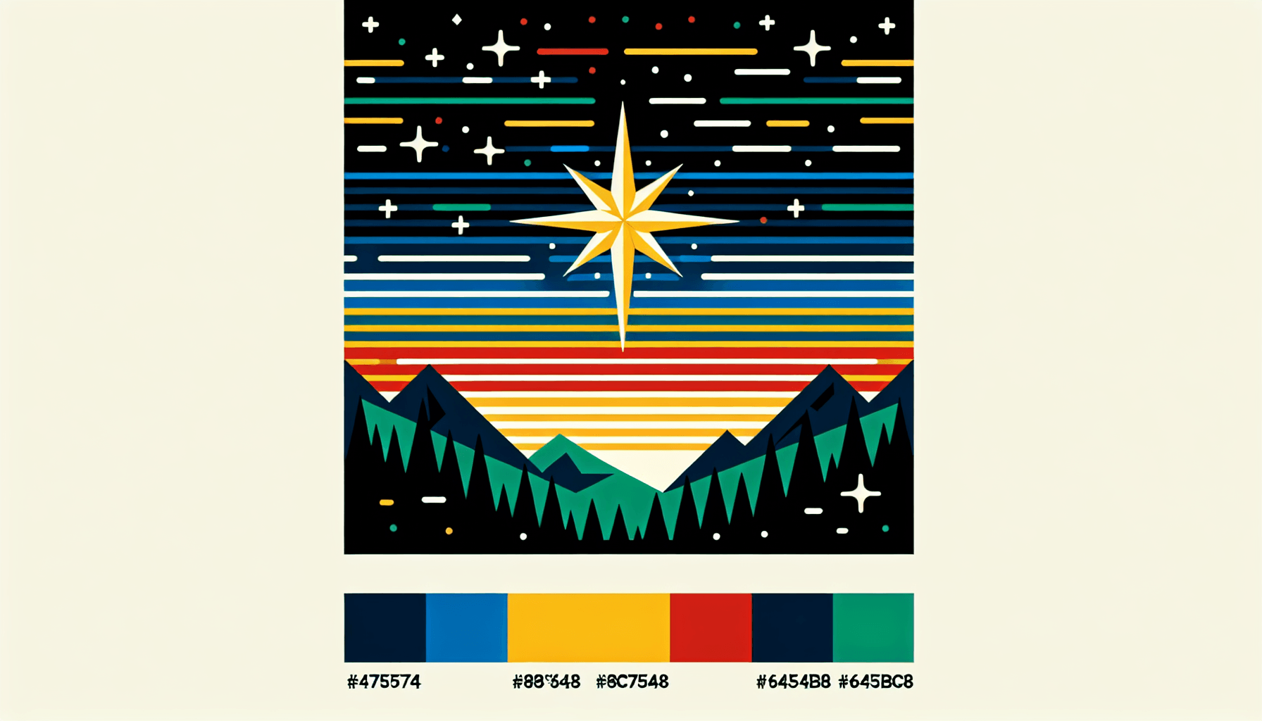 North Star in flat illustration style and white background, red #f47574, green #88c7a8, yellow #fcc44b, and blue #645bc8 colors.