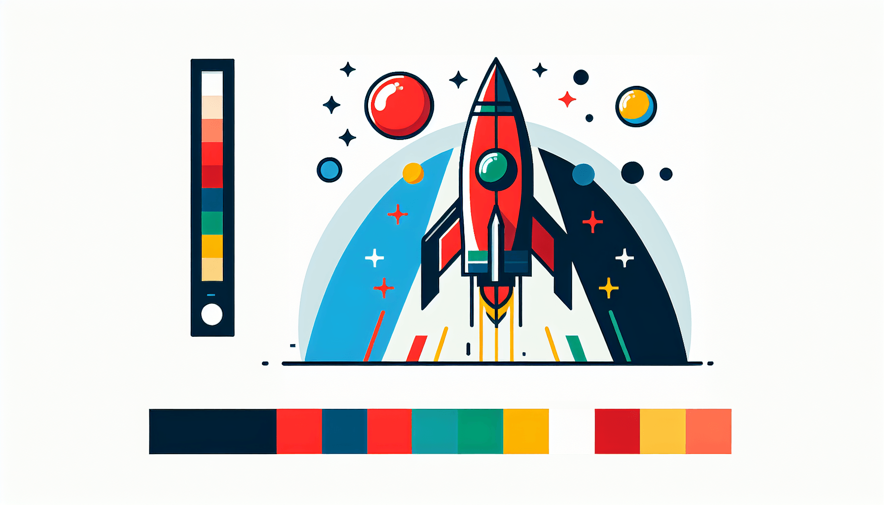 Rocket in flat illustration style and white background, red #f47574, green #88c7a8, yellow #fcc44b, and blue #645bc8 colors.