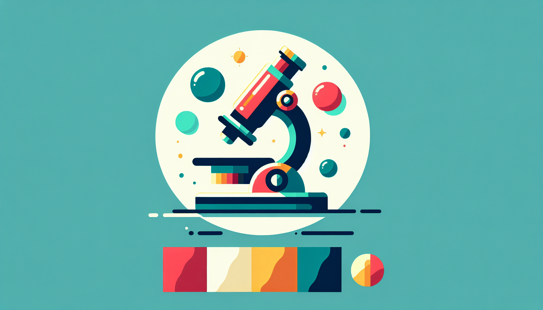 Microscope in flat illustration style and white background, red #f47574, green #88c7a8, yellow #fcc44b, and blue #645bc8 colors.