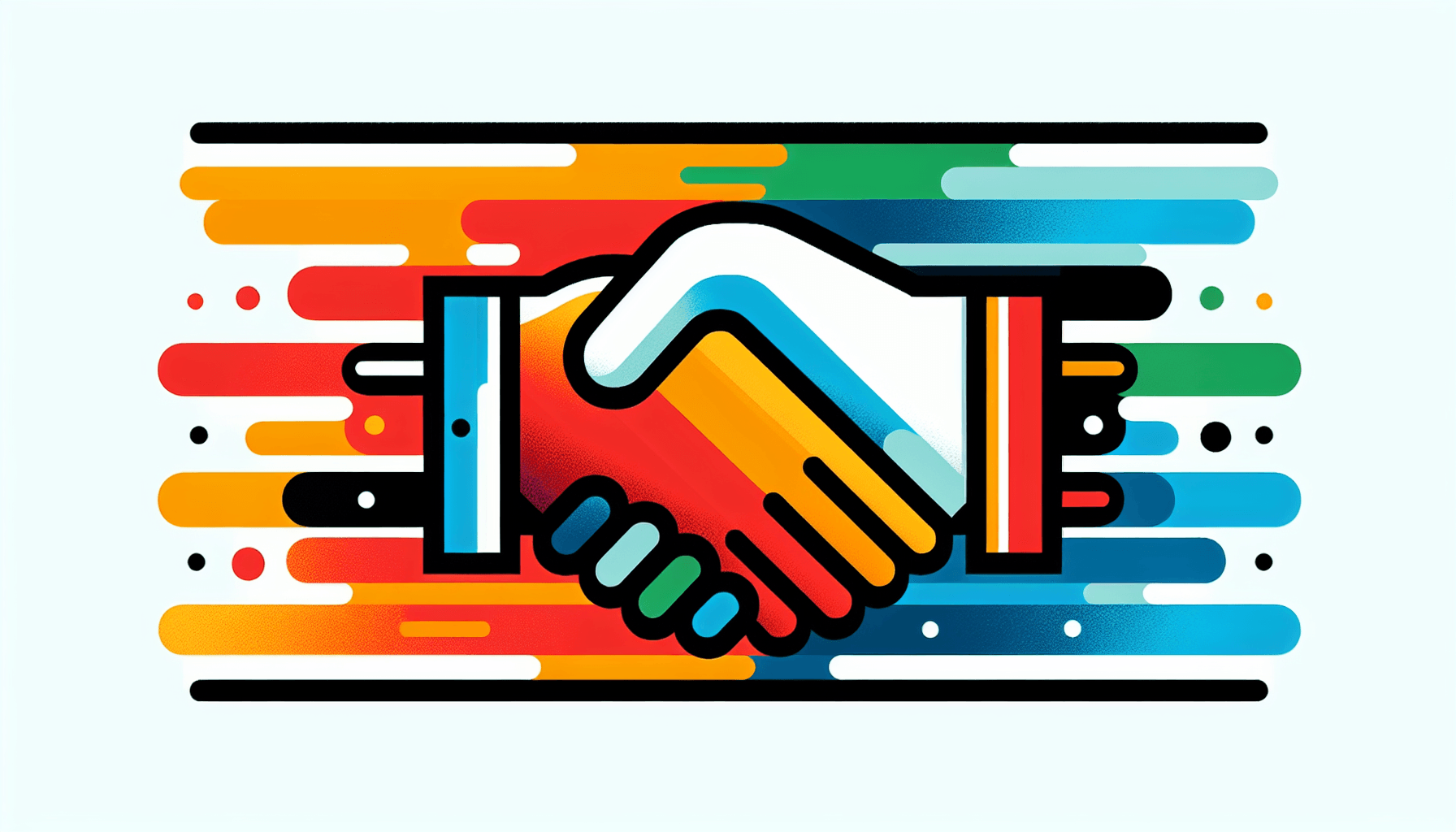 Handshake in flat illustration style and white background, red #f47574, green #88c7a8, yellow #fcc44b, and blue #645bc8 colors.