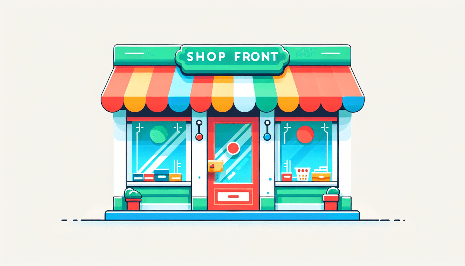 Shopfront in flat illustration style and white background, red #f47574, green #88c7a8, yellow #fcc44b, and blue #645bc8 colors.